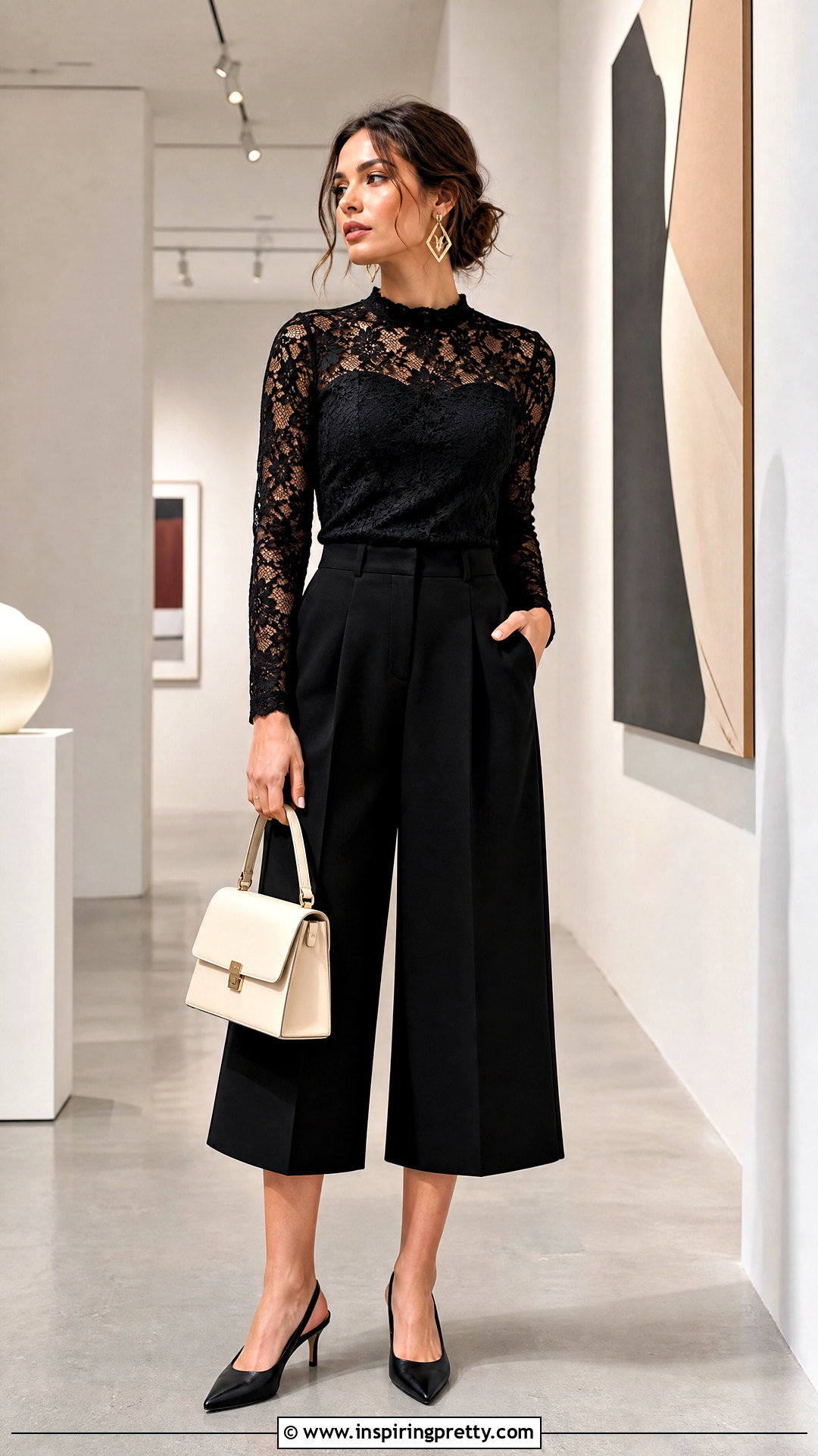 Black Lace Top With Tailored Culottes - 50 black lace top outfit classy ideas