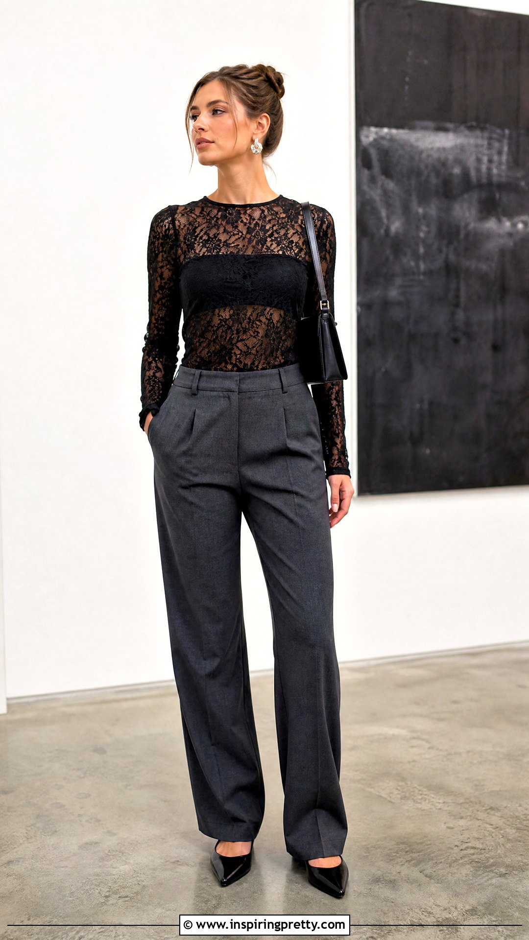 Black Lace Top With Tailored Trousers - 50 lace top outfit ideas