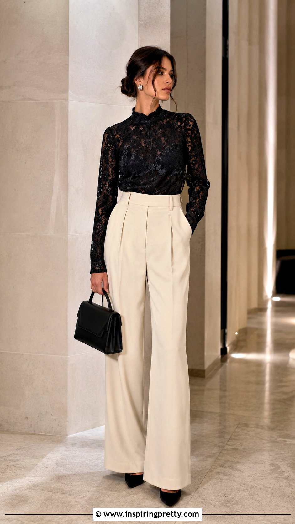 Black Lace Top With Tailored Trousers - 20 lace top fashion trend ideas