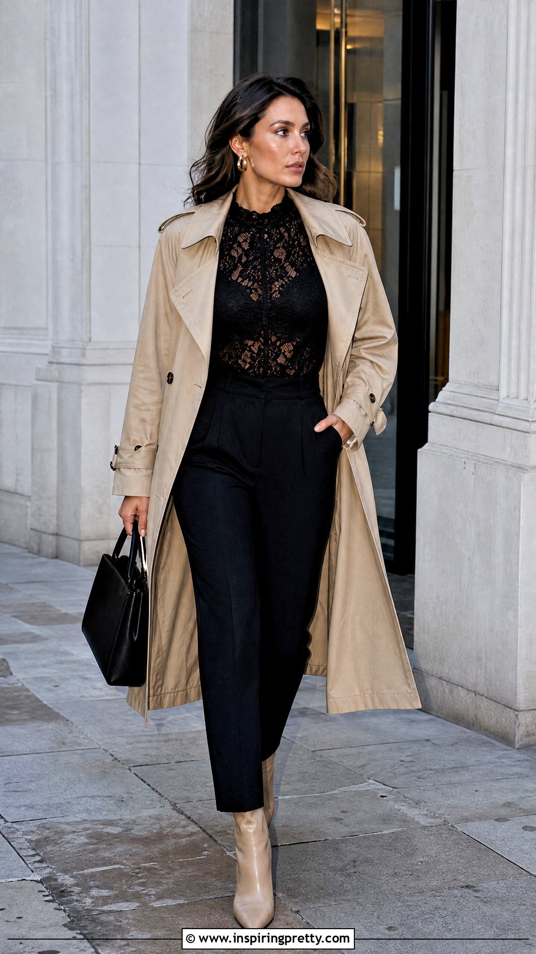 Black Lace Top With Trench Coat And Trousers - 50 black lace top outfit night ideas