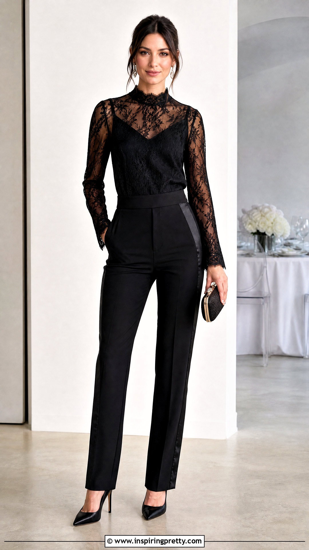 Black Lace Top With Tuxedo Pants - 50 black lace top outfit classy ideas