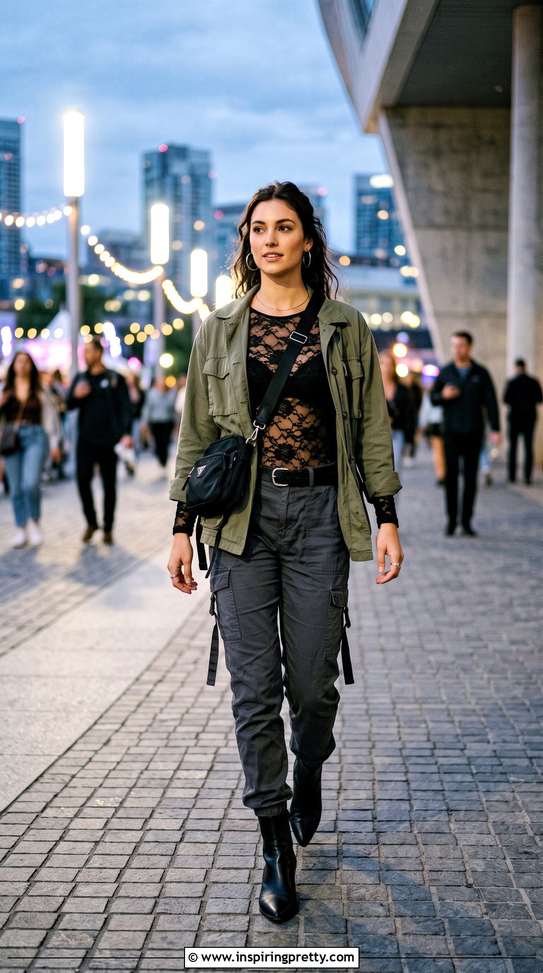 Black Lace Top With Utility Jacket And Cargo Pants - 50 black lace top outfit night ideas