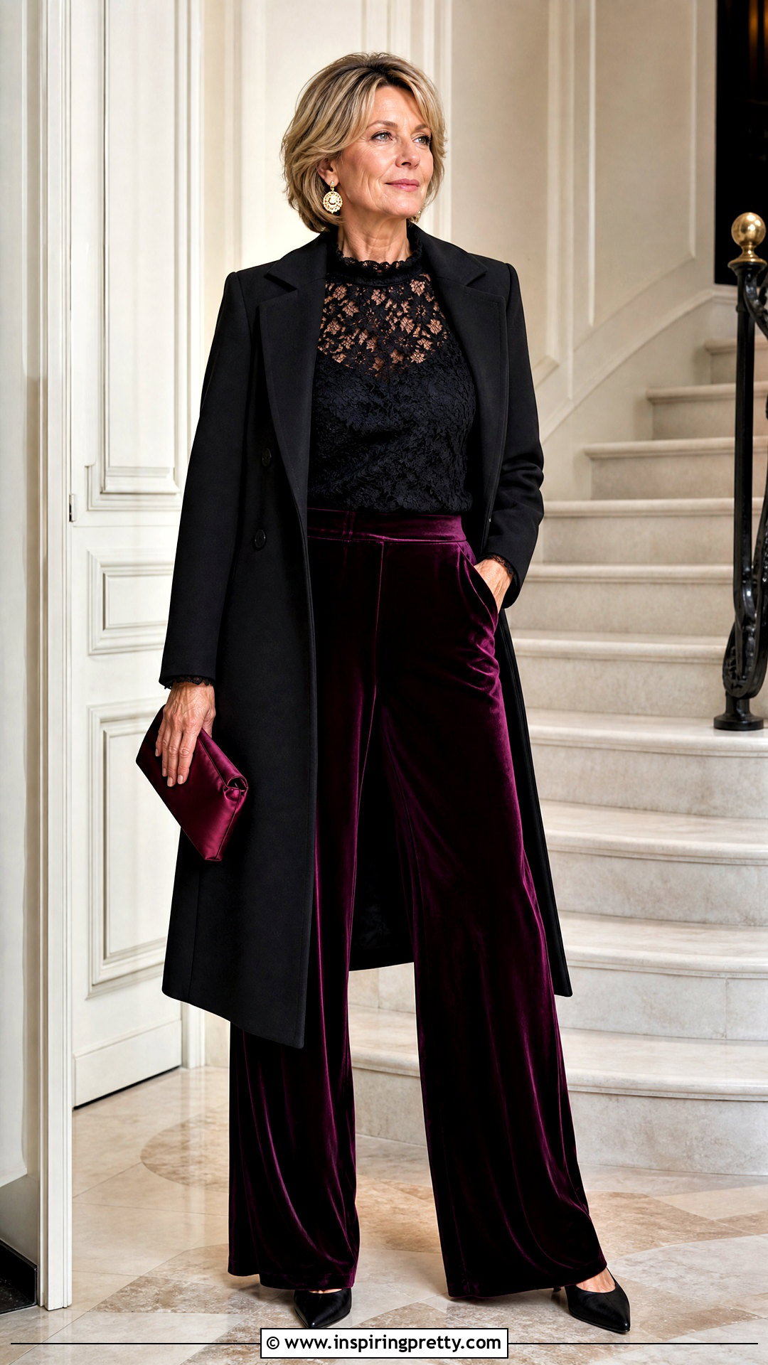 Black Lace Top With Velvet Trousers - 50 black lace top outfit night ideas