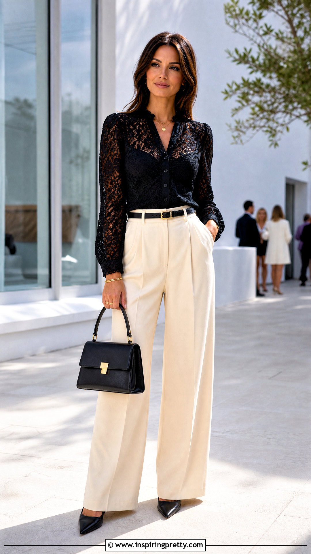Black Lace Top With Wide Leg Cream Pants - 50 black lace top outfit classy ideas