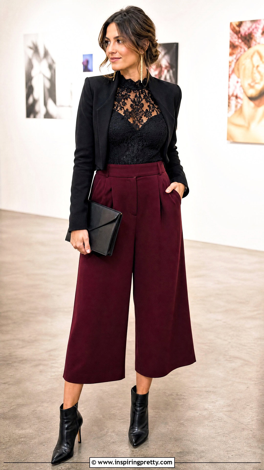 Black Lace Top With Wide Leg Culottes - 50 black lace top outfit night ideas