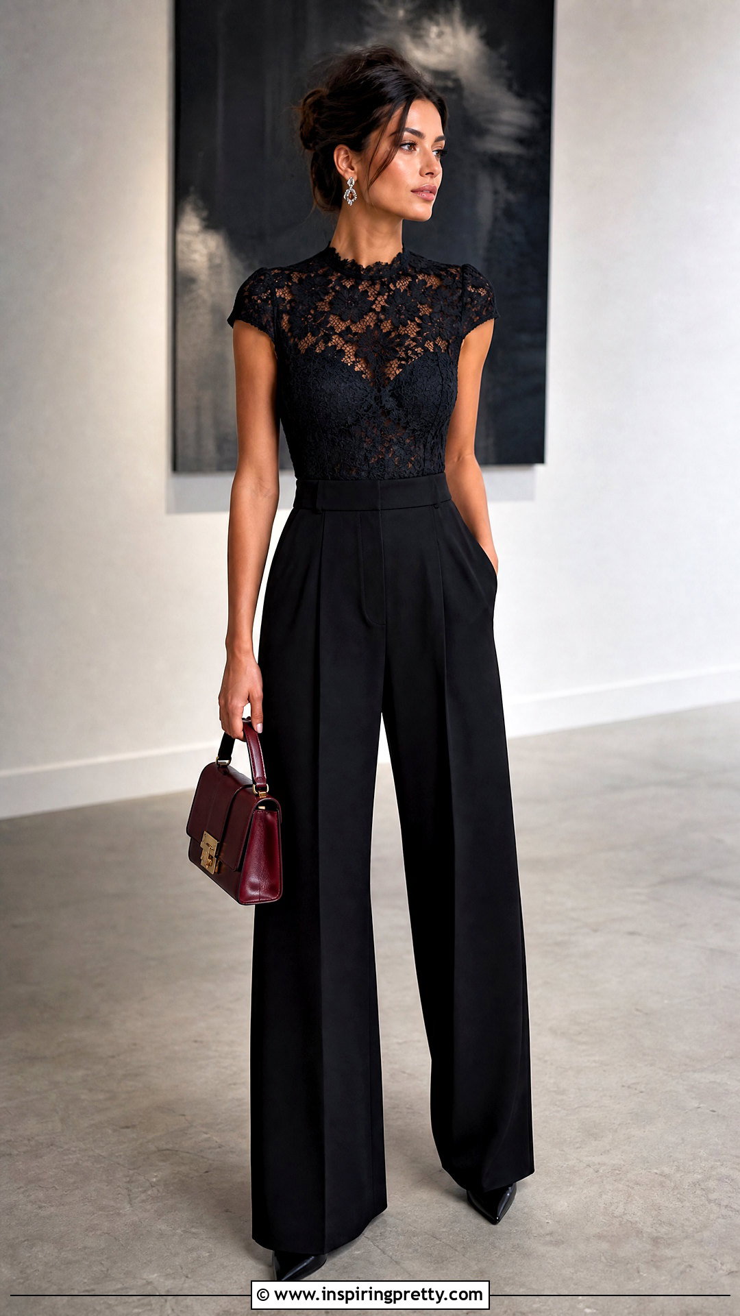 Black Lace Top With Wide Leg Trousers - 20 Lace Fabric For Tops outfit ideas