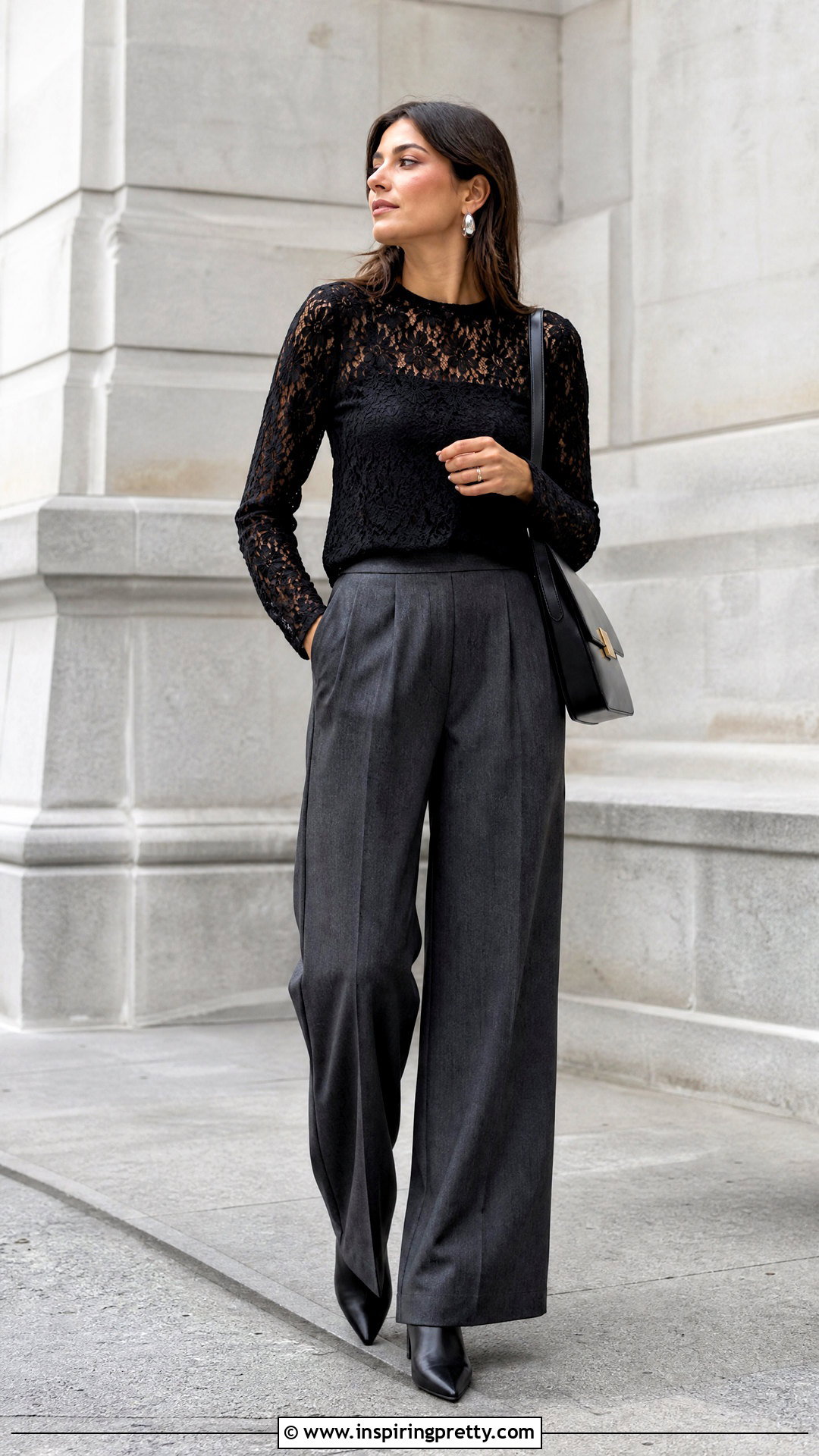 Black Lace Top With Wide Leg Trousers - 50 Lace Top Outfit Aesthetic Ideas