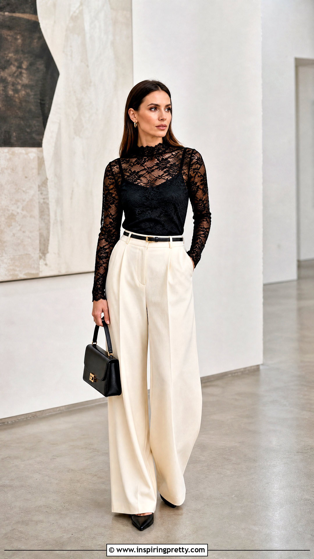 Black Lace Top With Wide Leg Trousers - 50 lace top styles