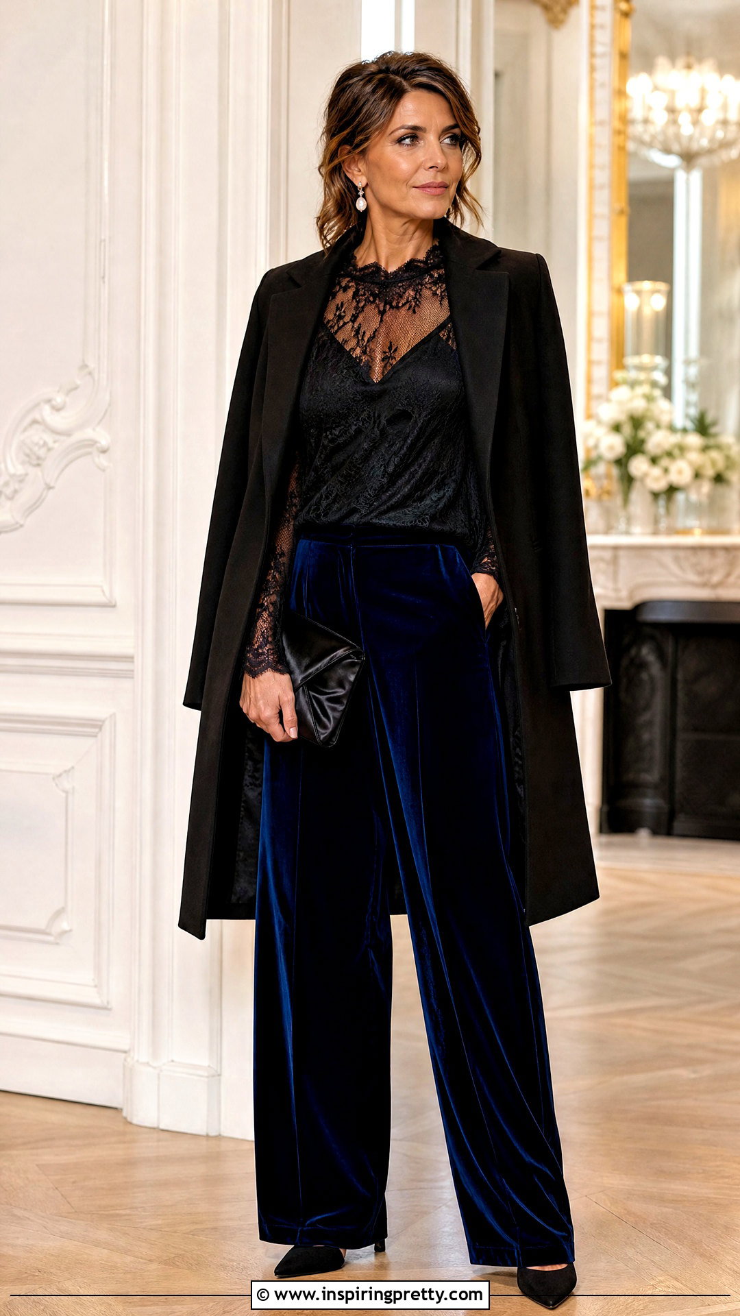 Black Lace Transparent Top With Velvet Trousers - 50 black transparent top outfit ideas