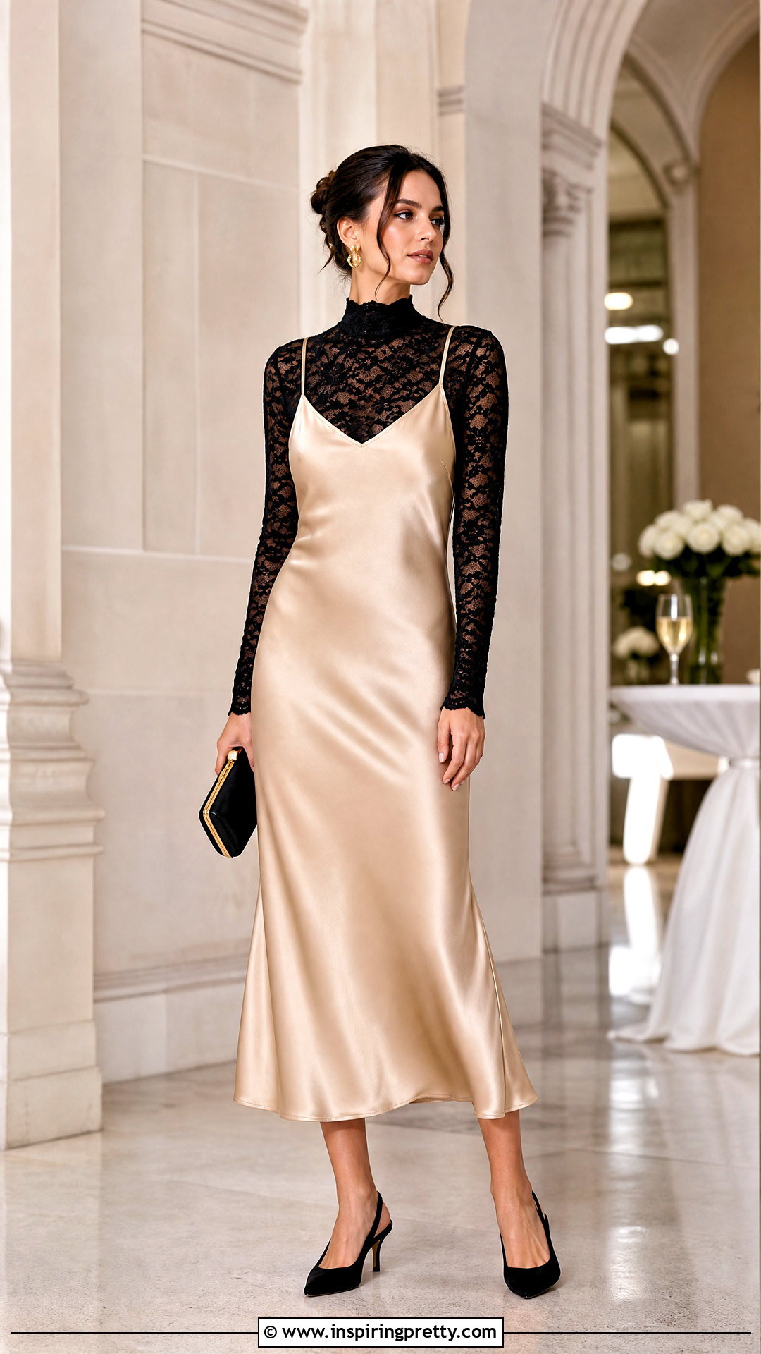 Black Lace Turtleneck Under Champagne Slip Dress With Pumps - 25 Lace Top Under Slip Dress outfit ideas
