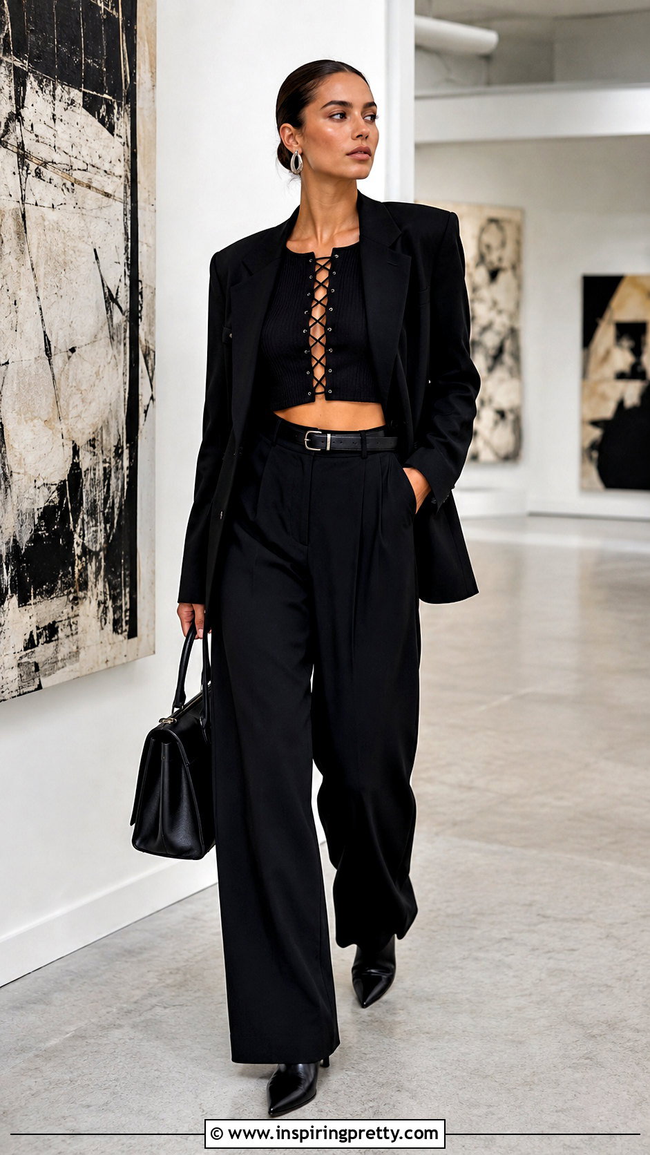 Black Lace Up Crop Top With Black Pants - 20 Lace-Up Crop Top Style outfit ideas