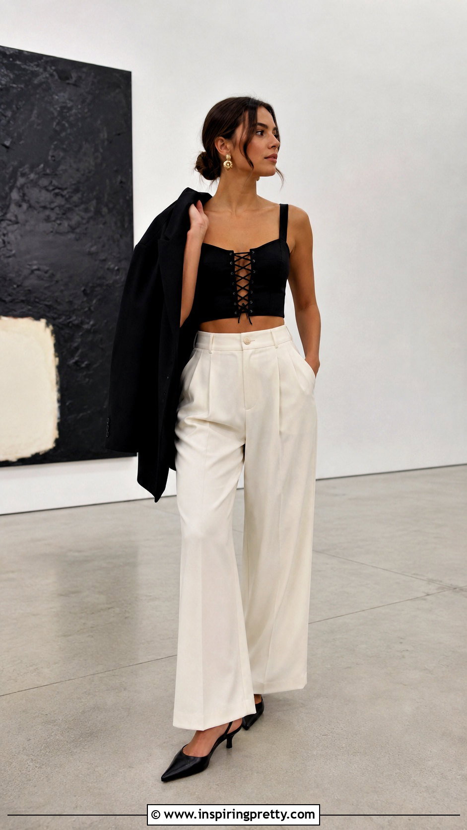 Black Lace Up Front Crop Top With Wide Leg Trousers - 20 Lace Up Front Crop Top outfit ideas