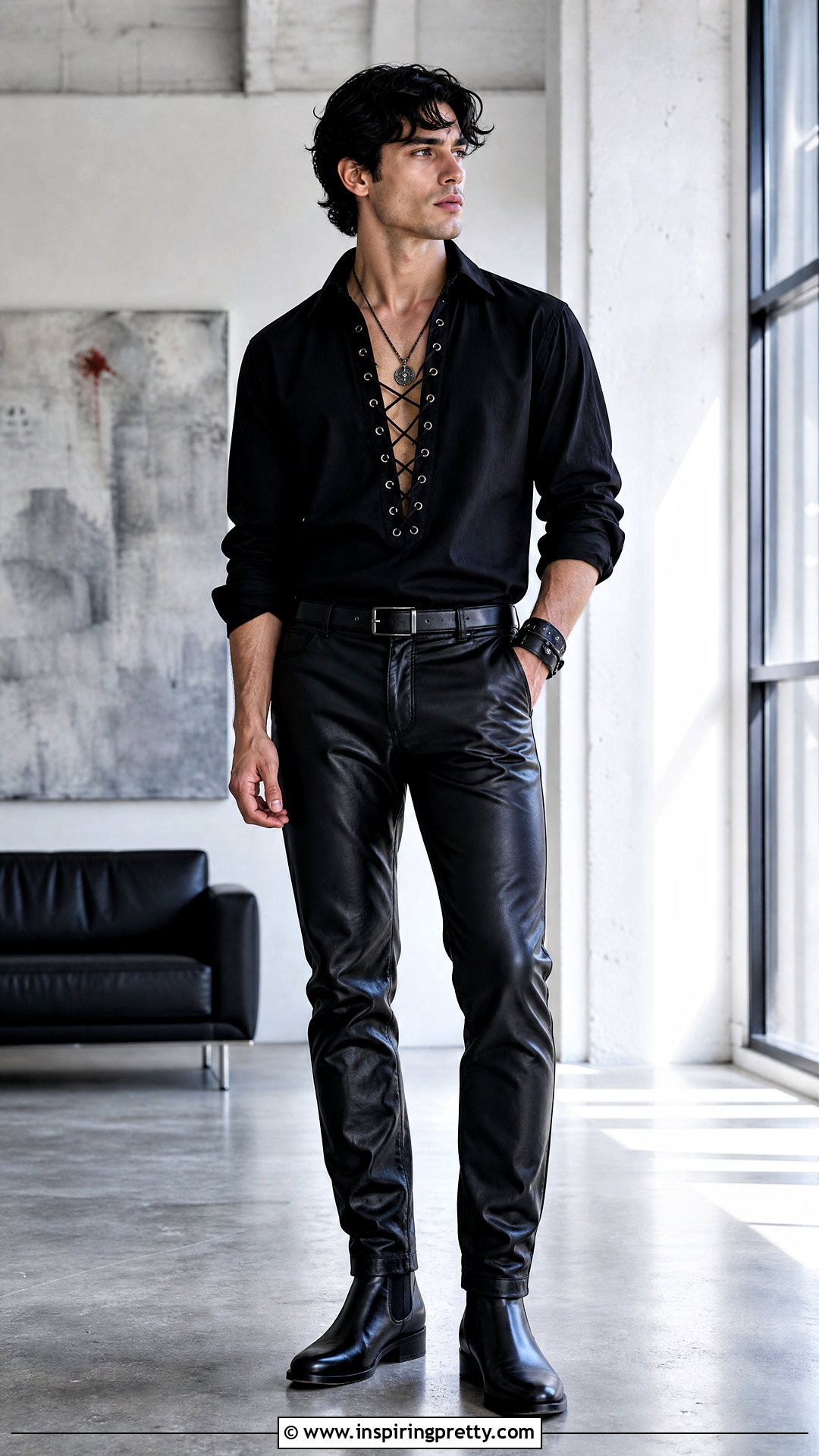 Black Lace Up Goth Shirt With Leather Pants - 25 goth tops men