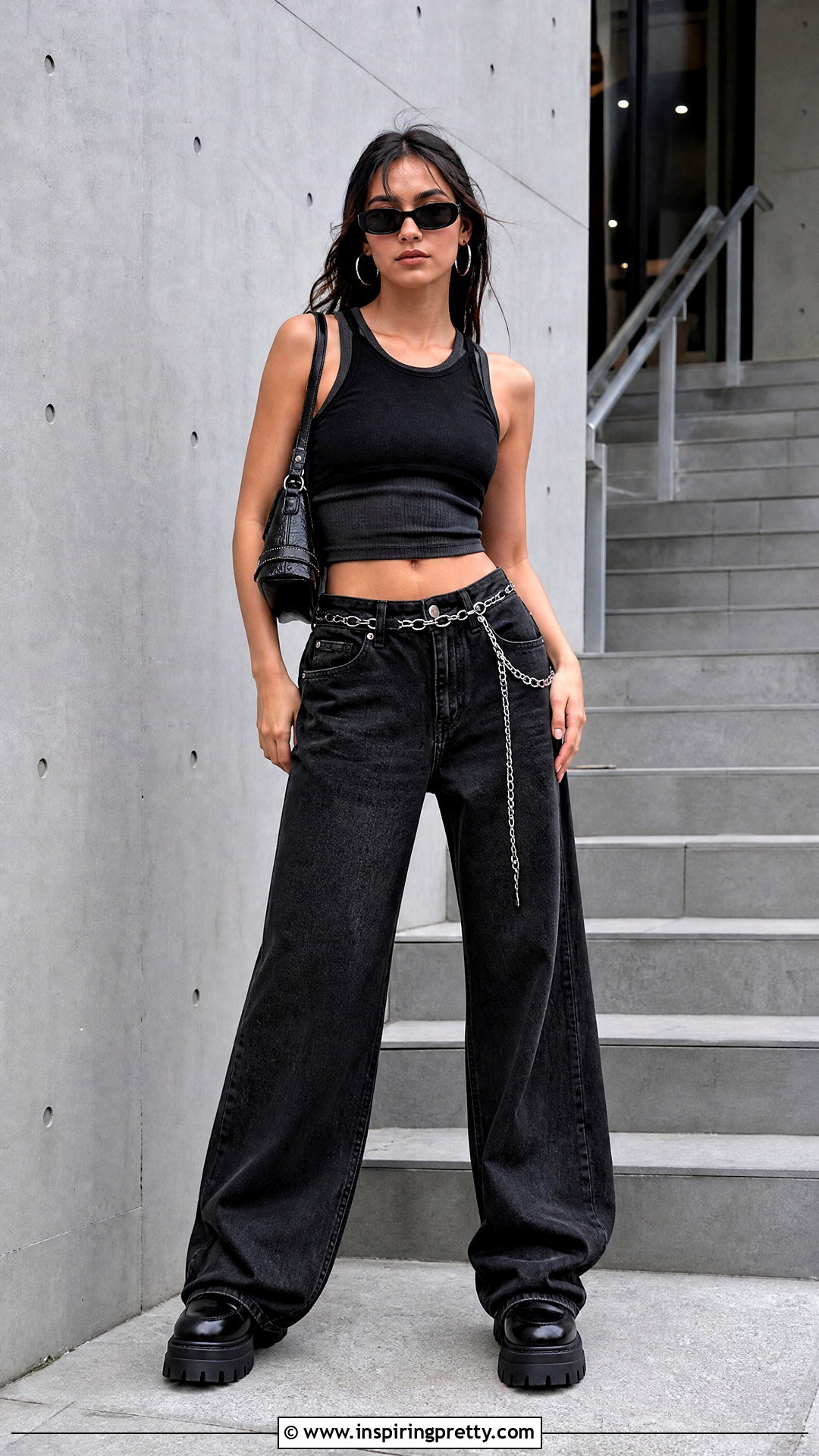 Black Layered Tank Top With Wide Leg Jeans And Platform Boots - 25 layered tank top y2k outfit ideas