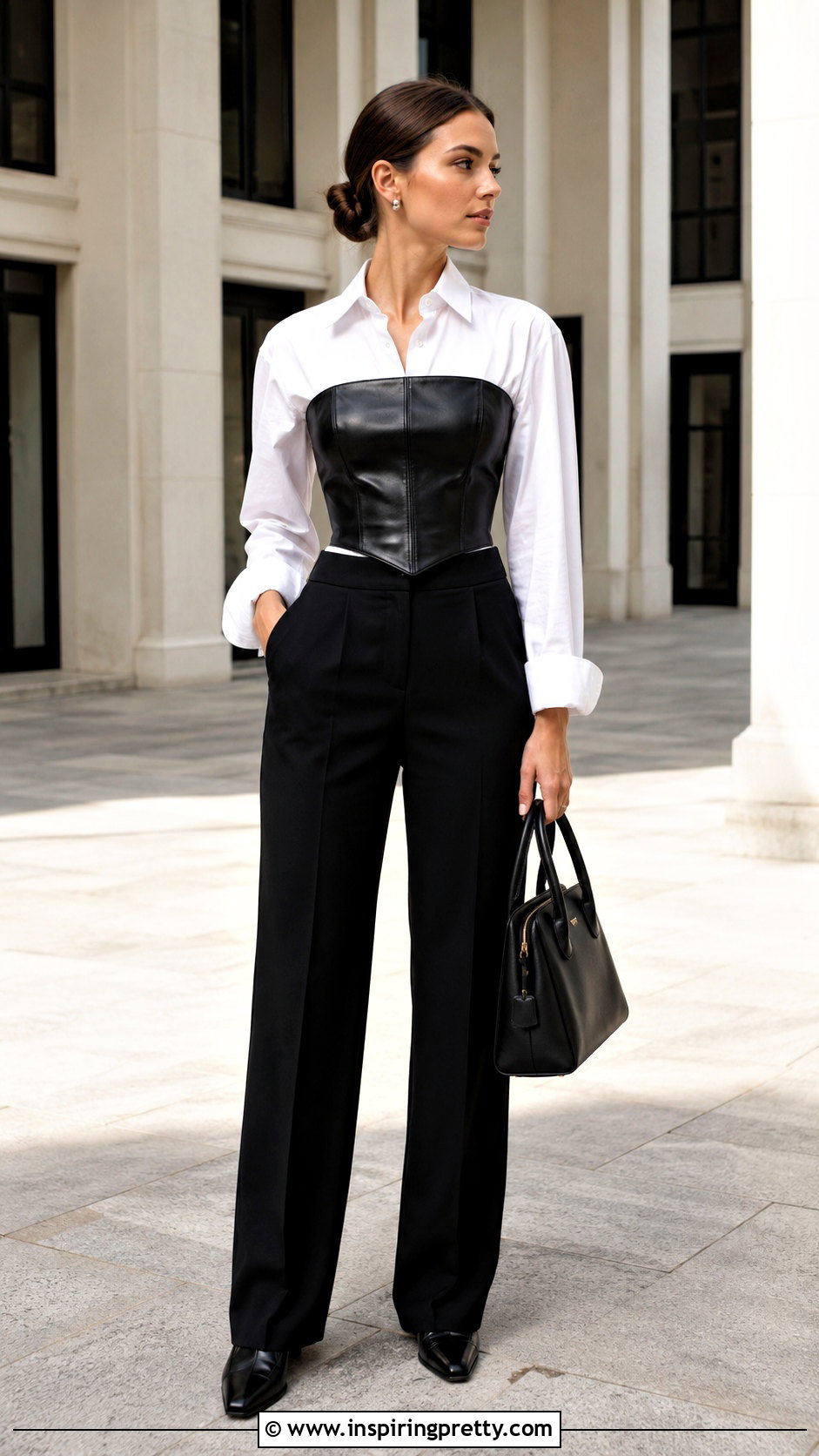 Black Leather Corset Top Over A White Button Down Shirt - 20 black leather corset top with straps
