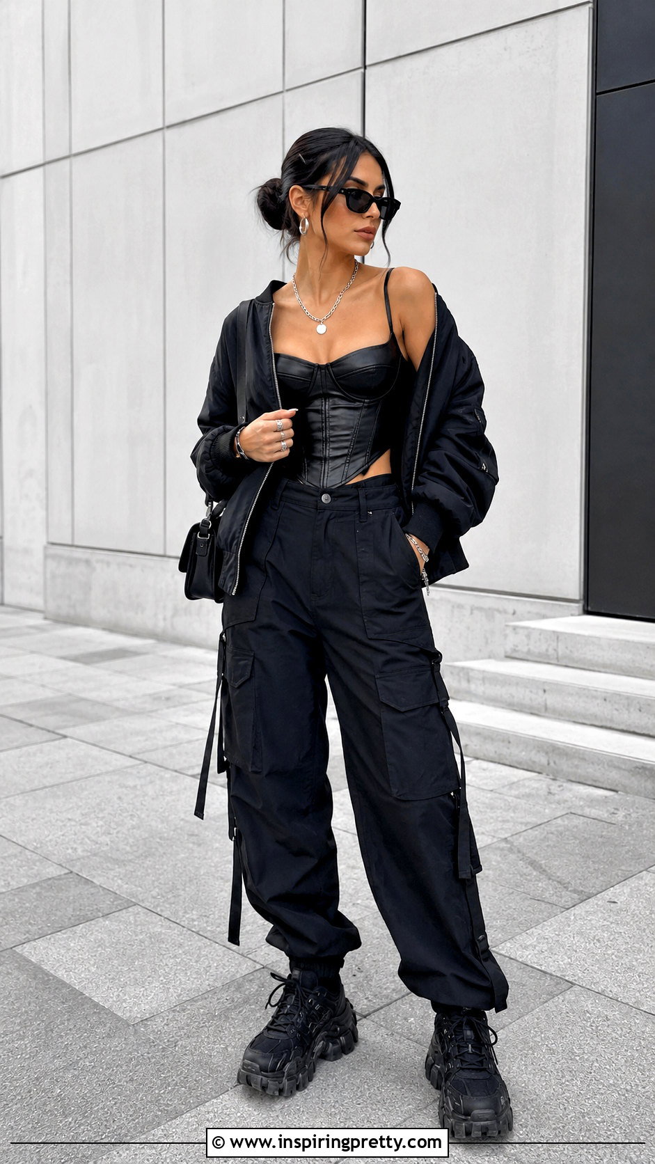 Black Leather Corset Top With Black Cargo Pants - 20 black leather corset top with straps