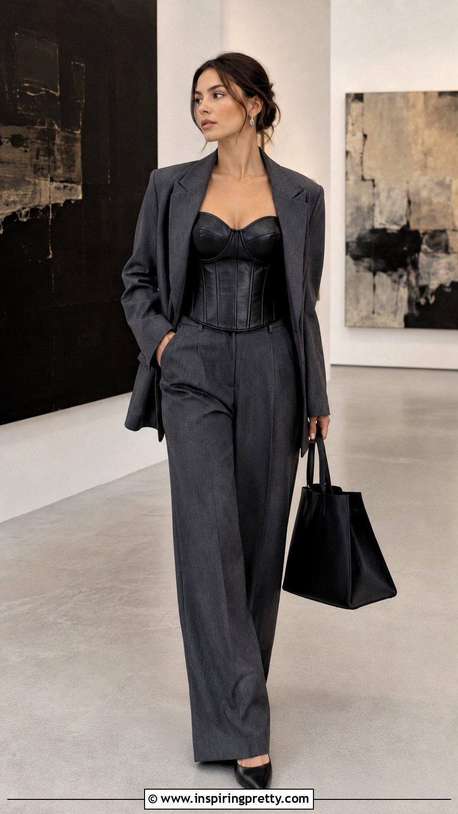 Black Leather Corset Top With Gray Suit - 20 black leather corset top with straps