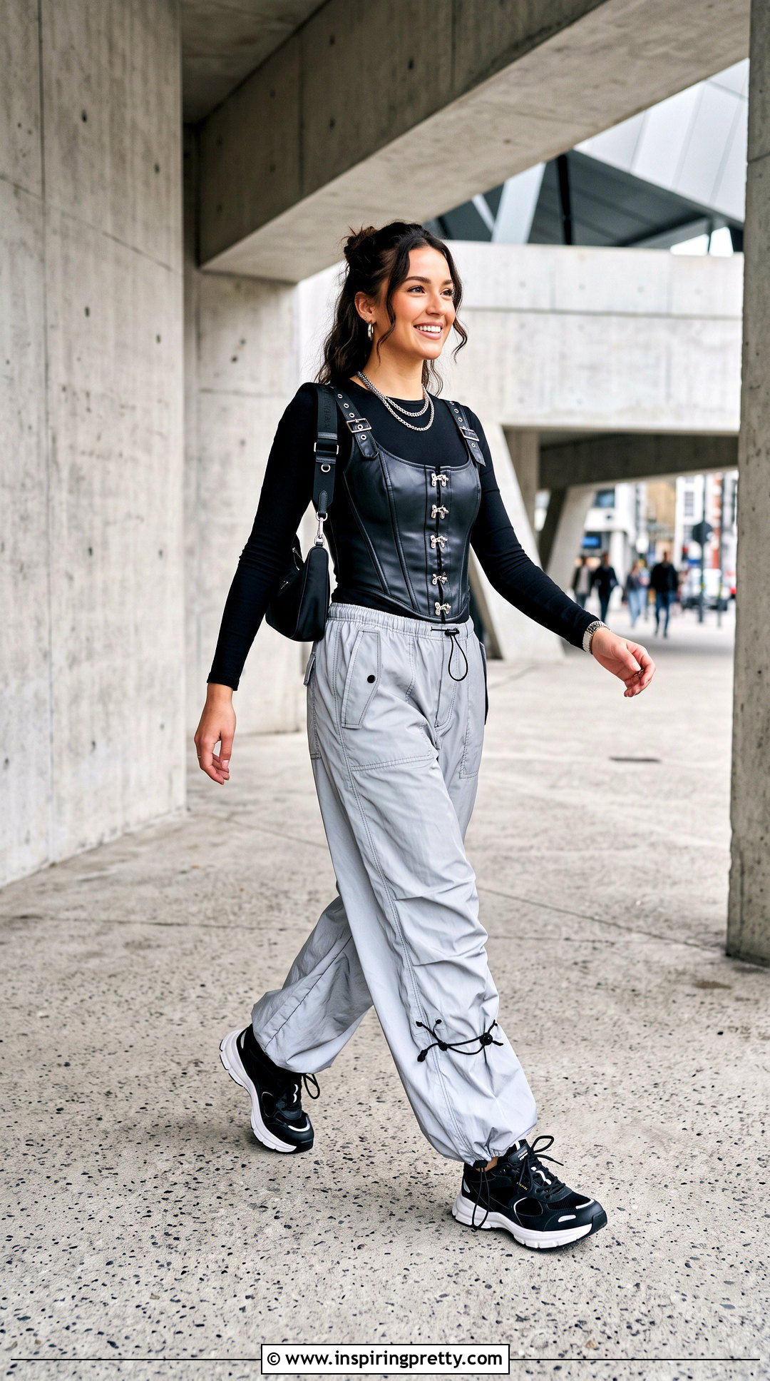 Black Leather Corset Top With Parachute Pants - 20 black leather corset top with straps