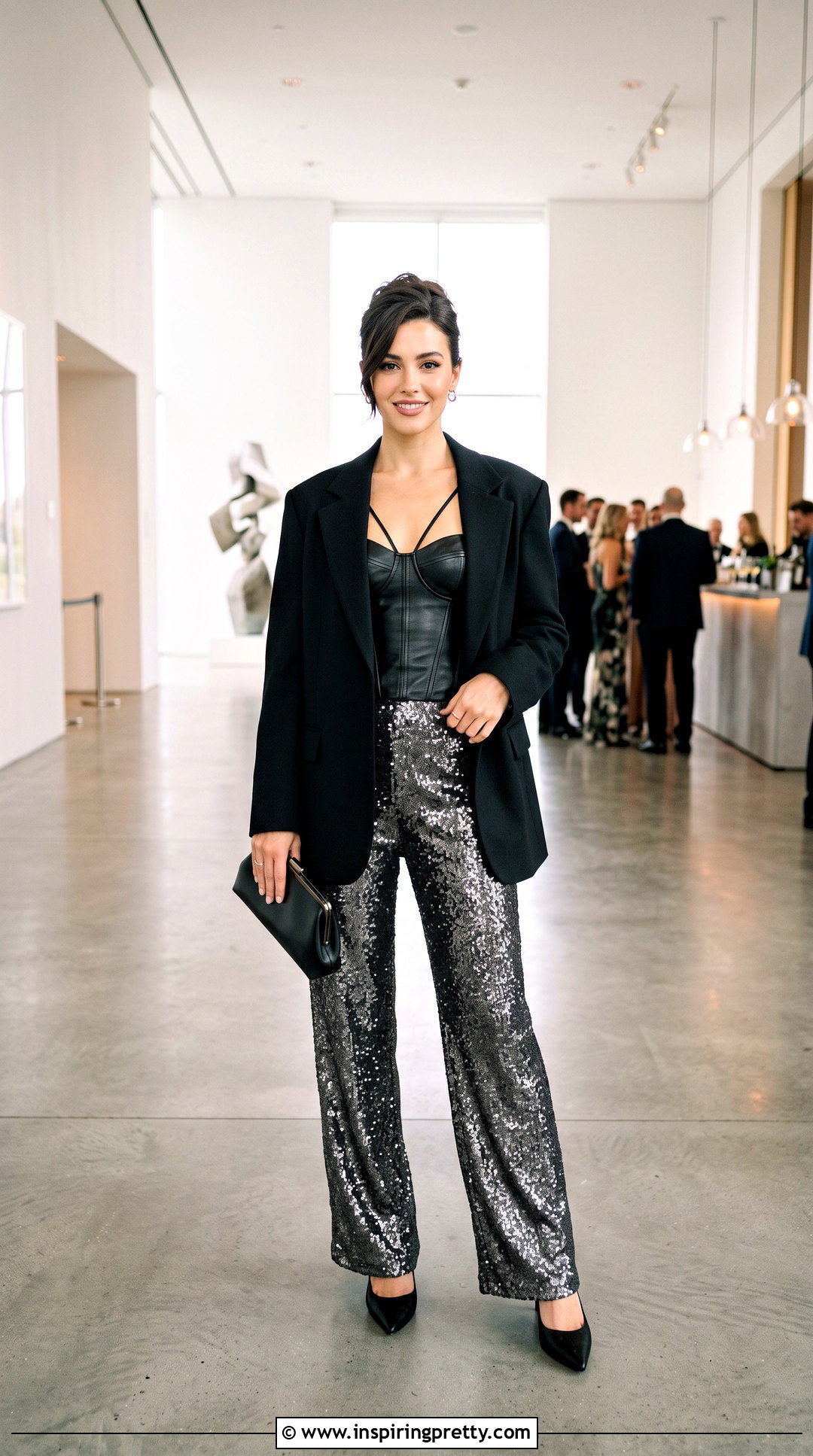 Black Leather Corset Top With Sequin Trousers - 20 black leather corset top with straps