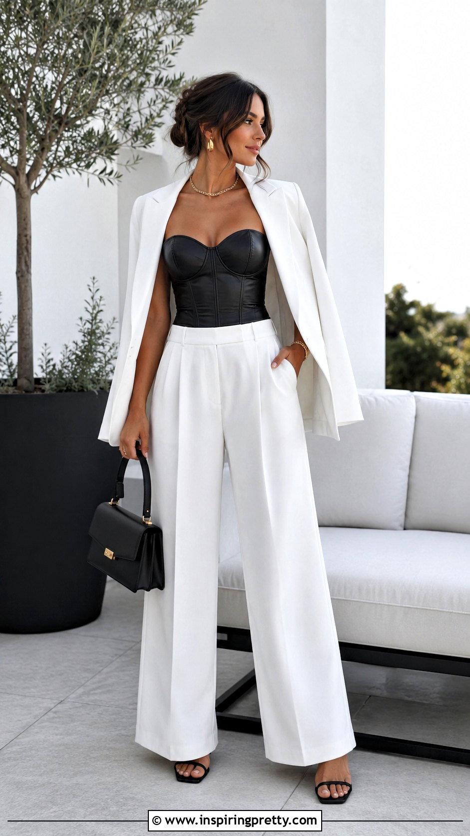 Black Leather Corset Top With White Trousers - 20 black leather corset top with straps