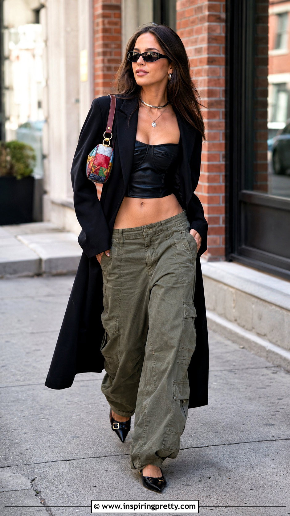 Black Leather Crop Top With Low Rise Cargo Pants - 25 carrie bradshaw leather top outfit ideas