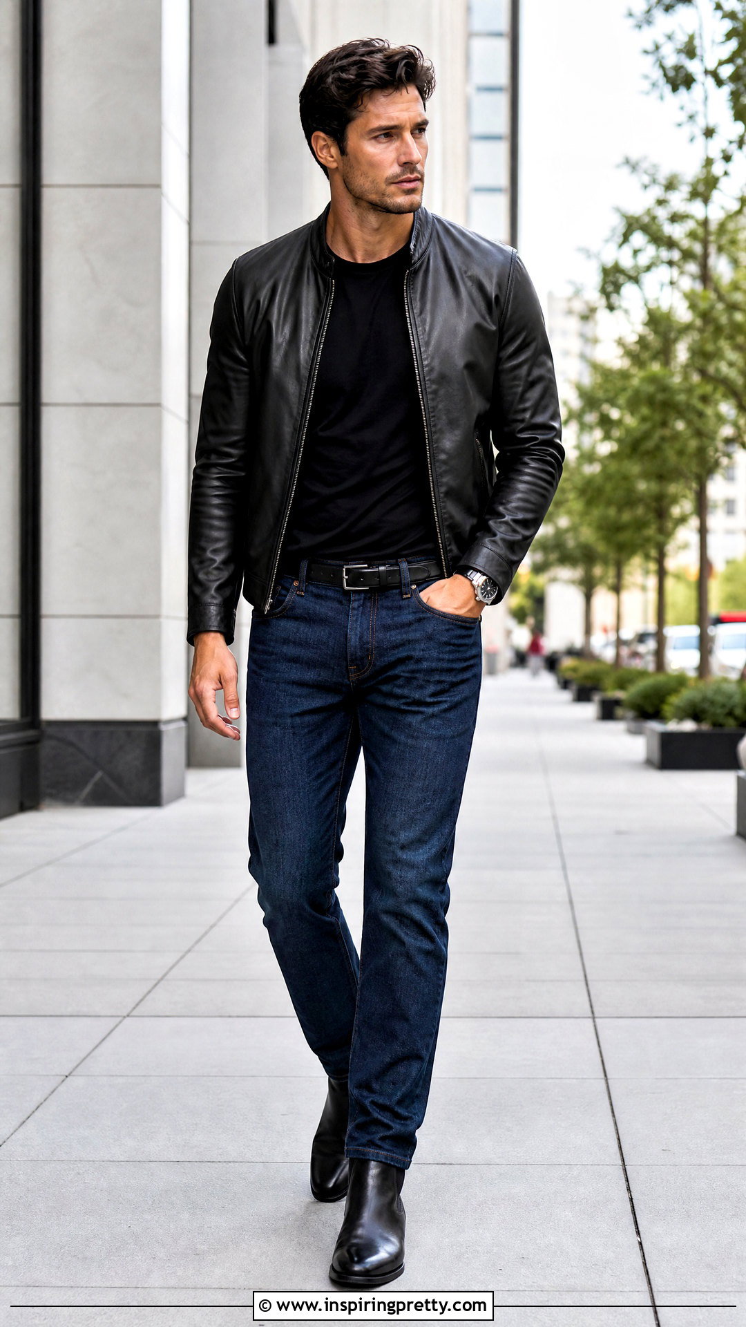 Black Leather Jacket With Black T Shirt And Blue Jeans - 25 Black Top With Jeans Men