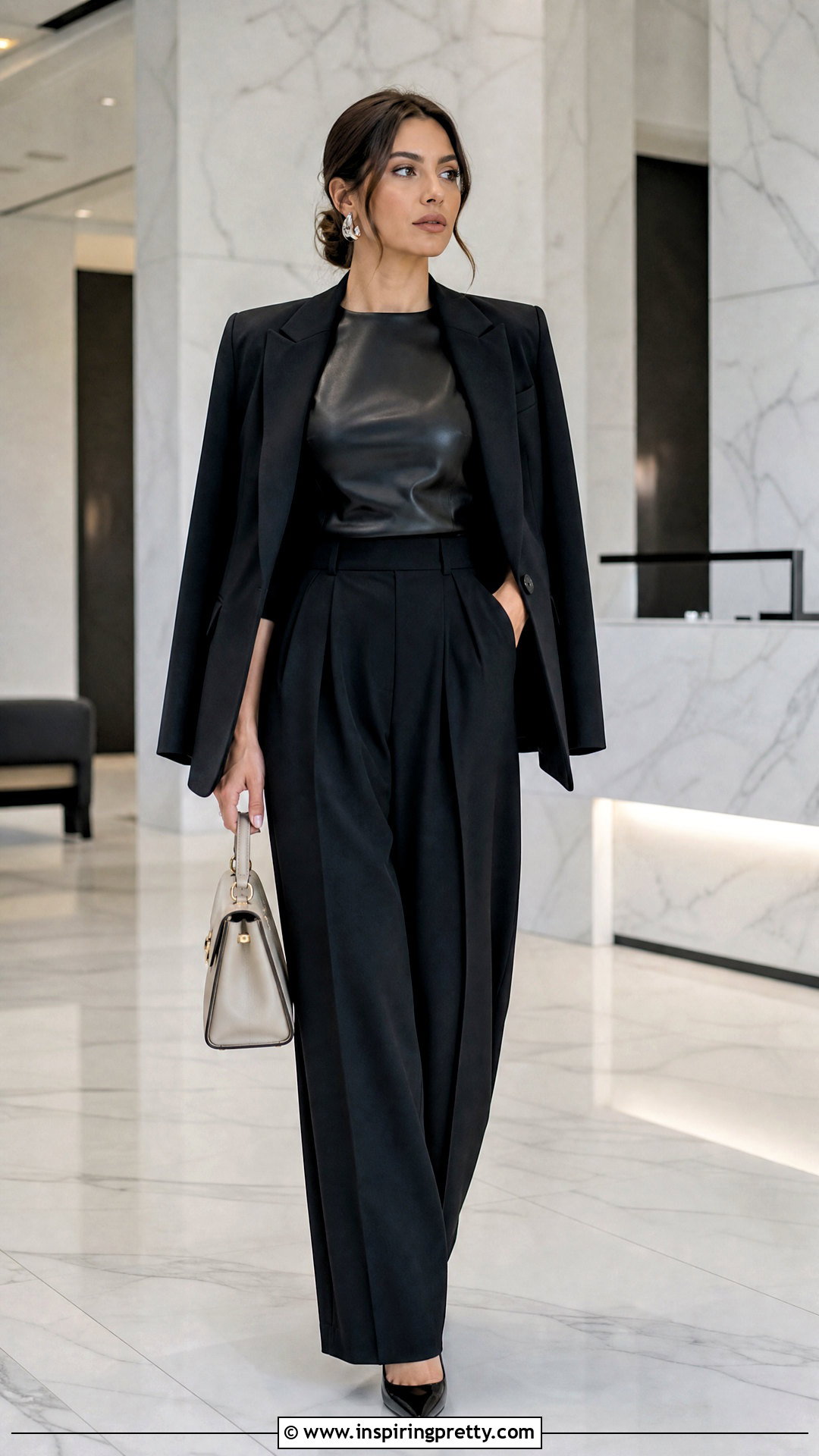 Black Leather Top With Black Tailored Trousers - 50 black leather top outfit ideas