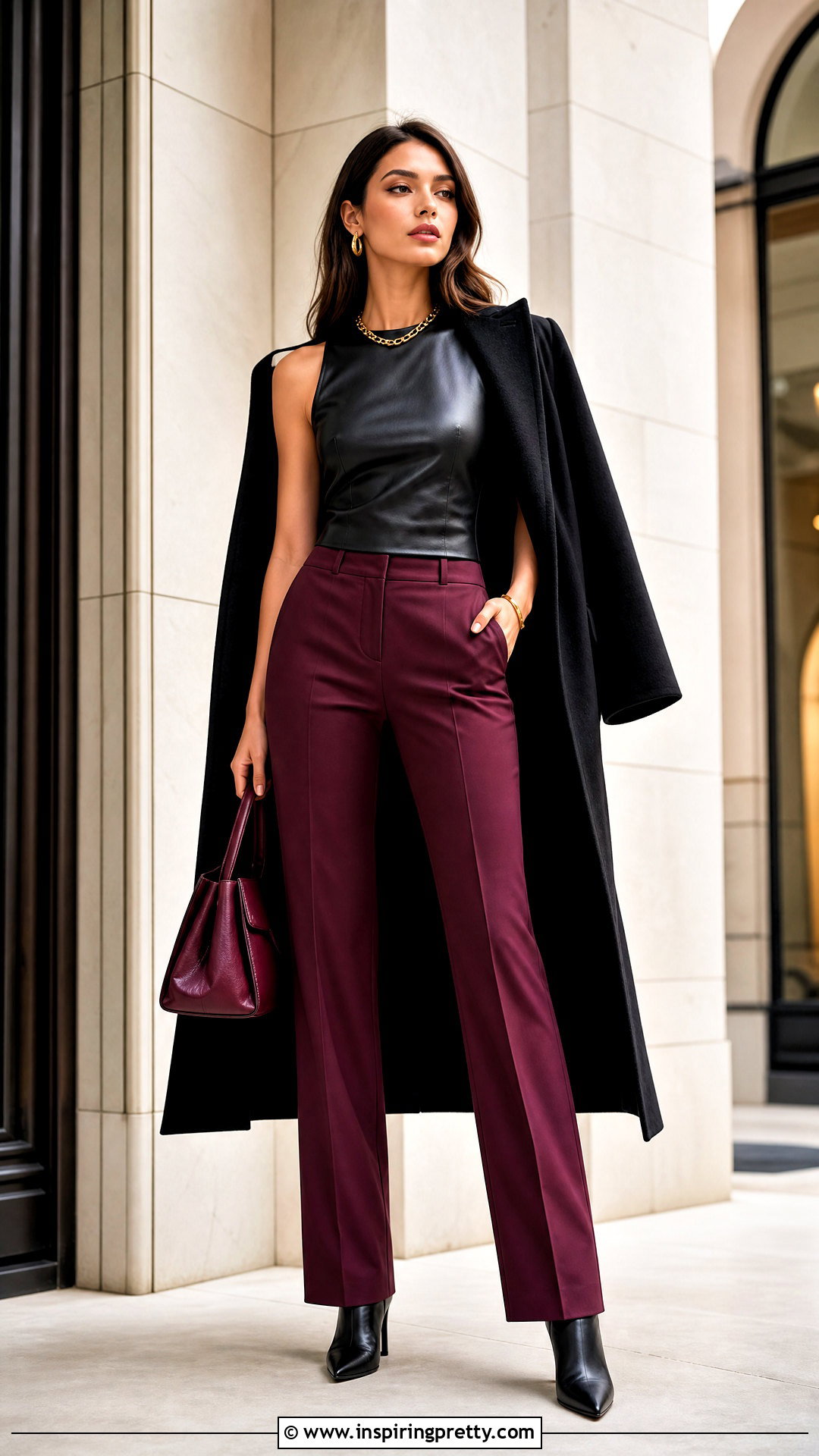 Black Leather Top With Burgundy Pants - 50 black leather top outfit ideas