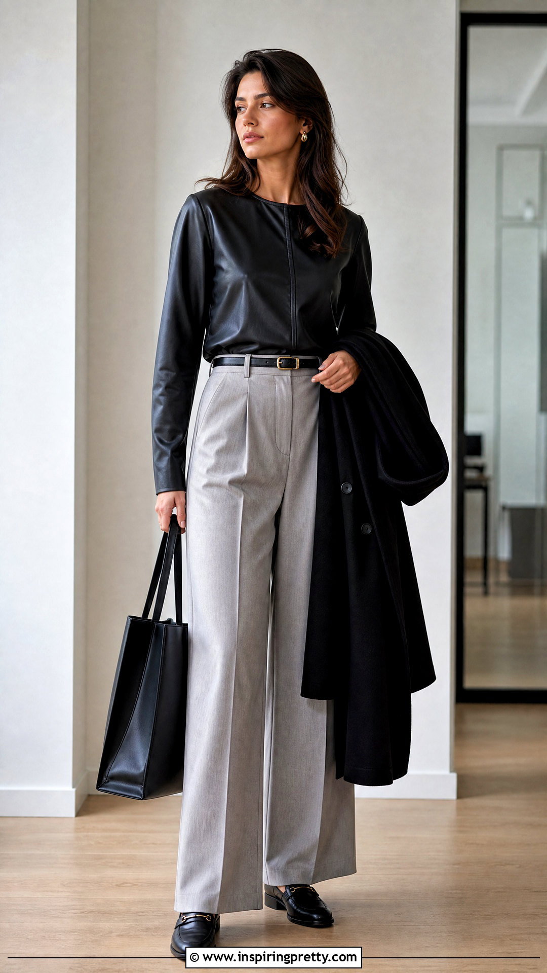 Black Leather Top With Gray Trousers - 50 black leather top outfit ideas