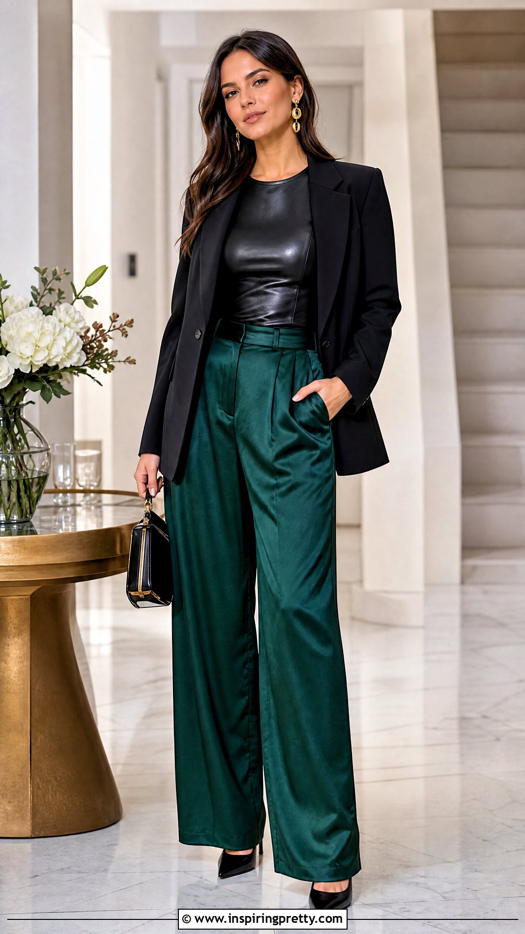 Black Leather Top With Green Satin Pants - 50 black leather top outfit ideas
