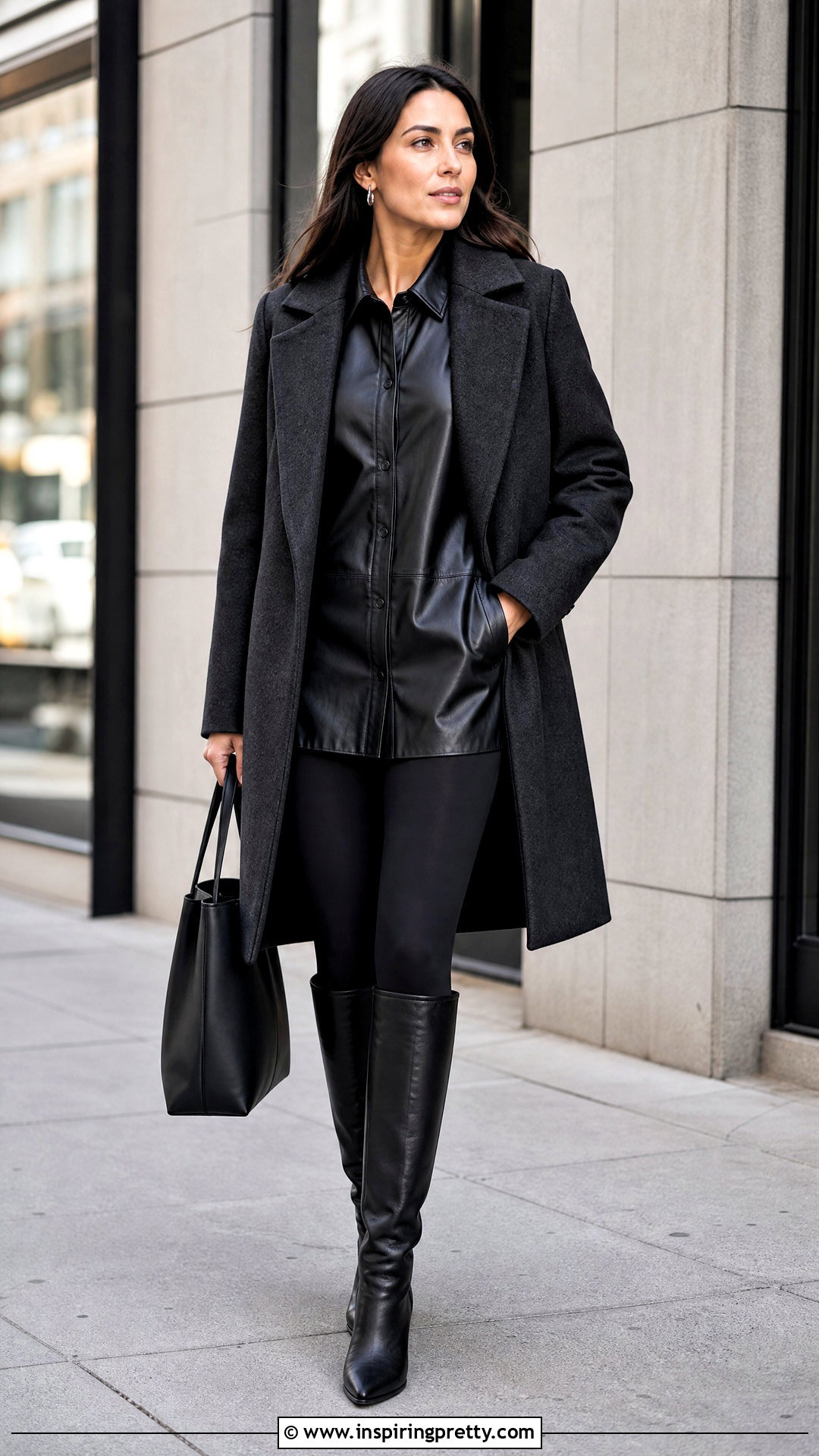 Black Leather Top With Leggings And Long Coat - 50 black leather top outfit ideas