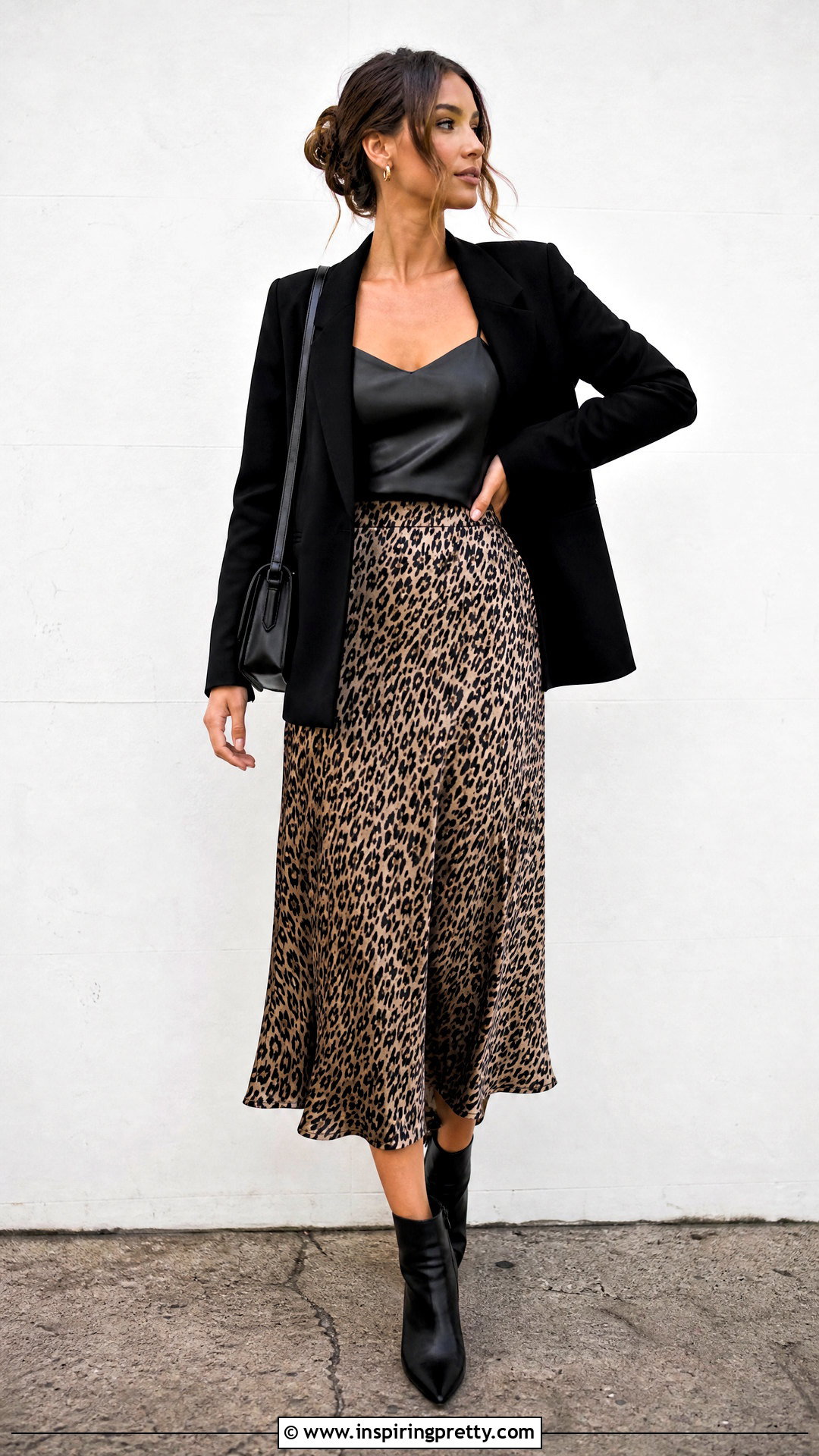 Black Leather Top With Leopard Midi Skirt - 50 black leather top outfit ideas