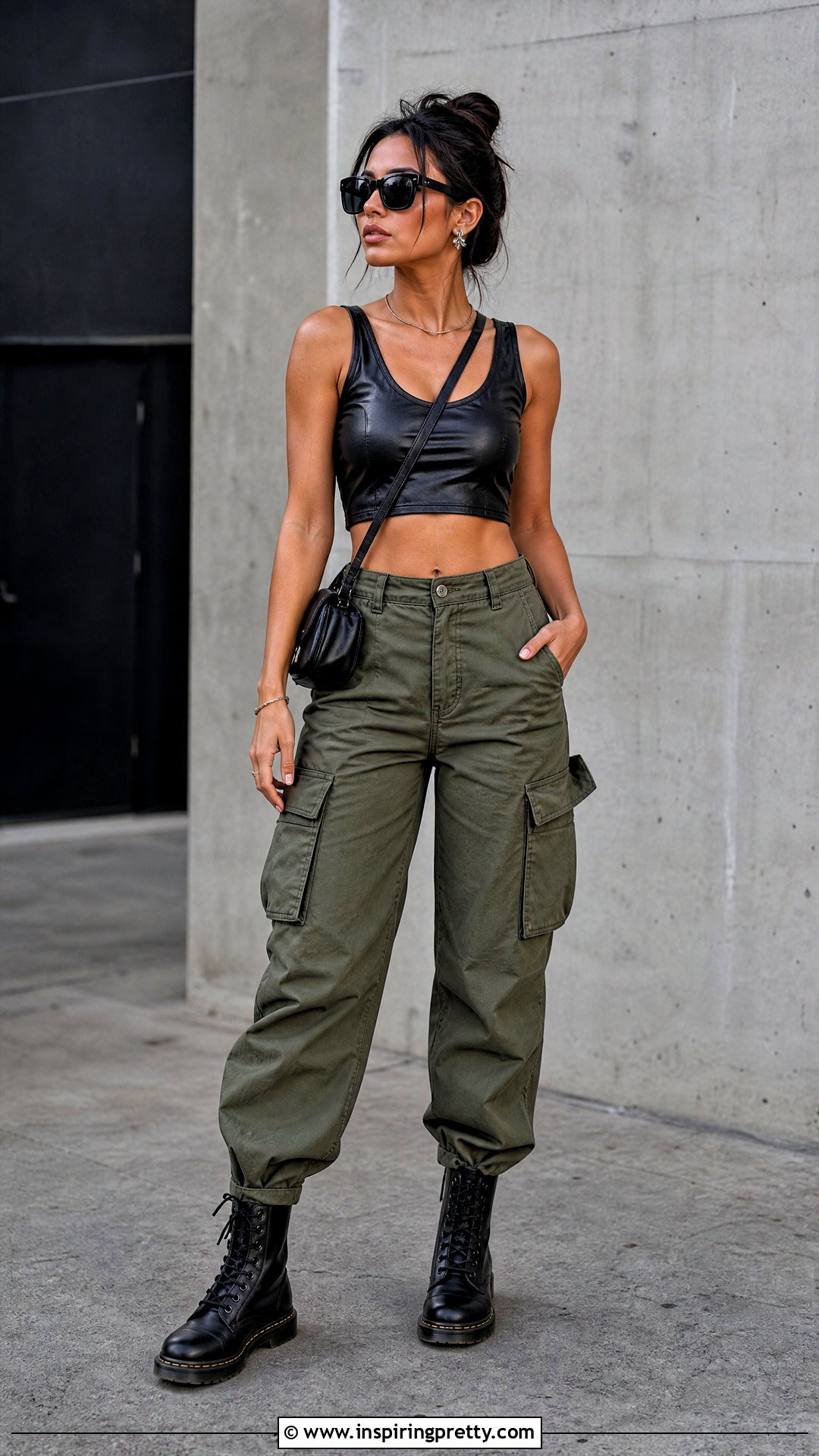 Black Leather Top With Olive Cargo Pants - 50 black leather top outfit ideas