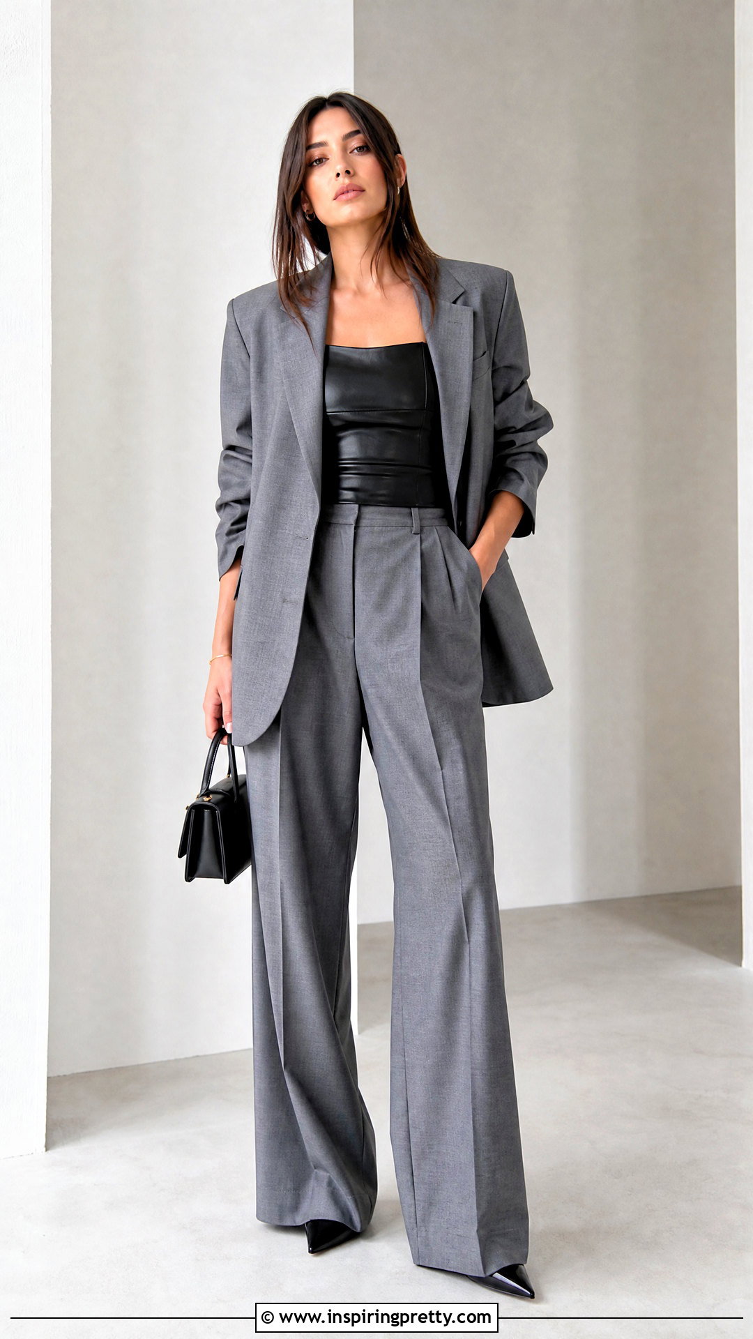 Black Leather Top With Oversized Blazer And Trousers - 50 black leather top outfit ideas