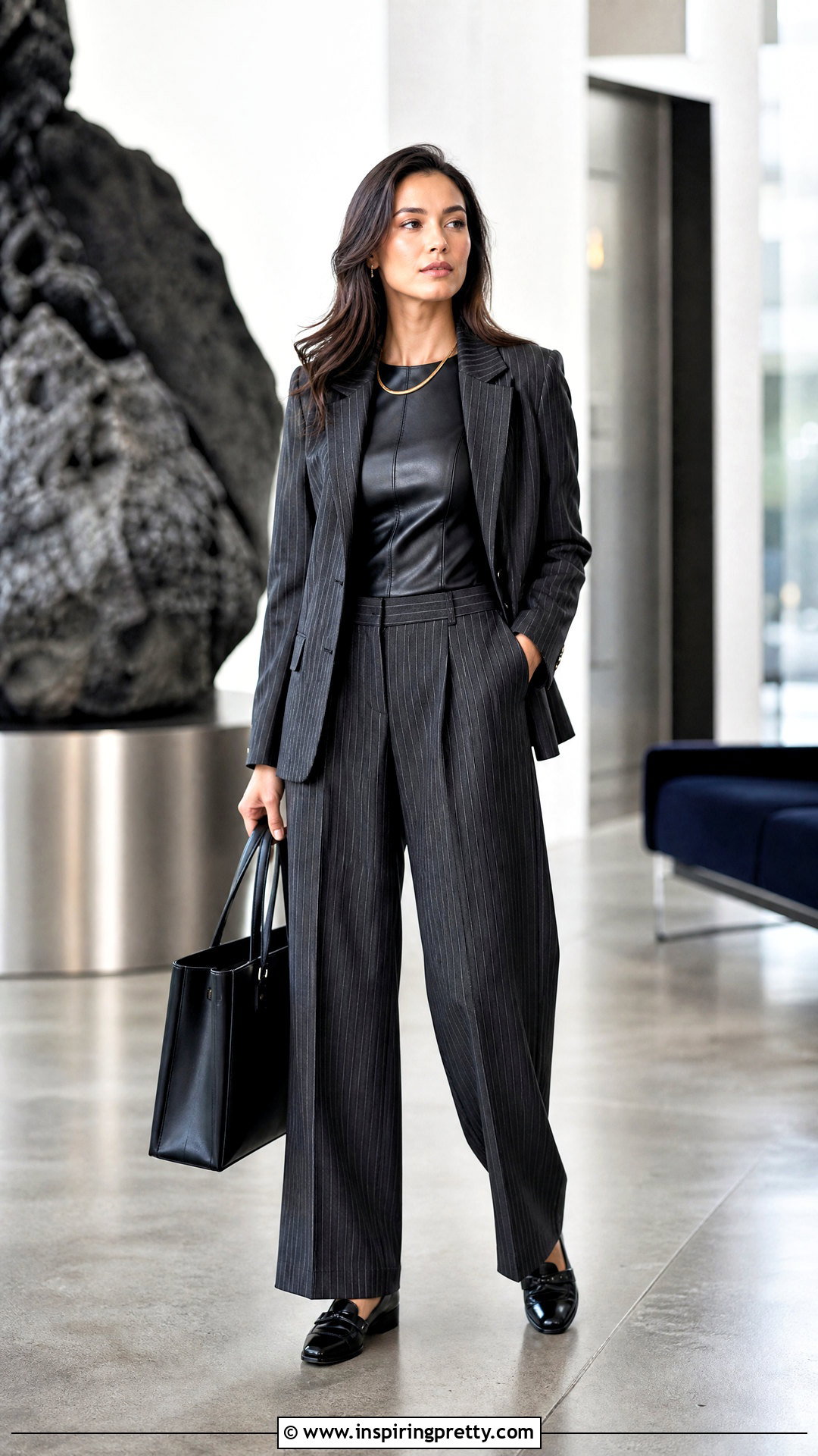Black Leather Top With Pinstripe Trousers - 50 black leather top outfit ideas