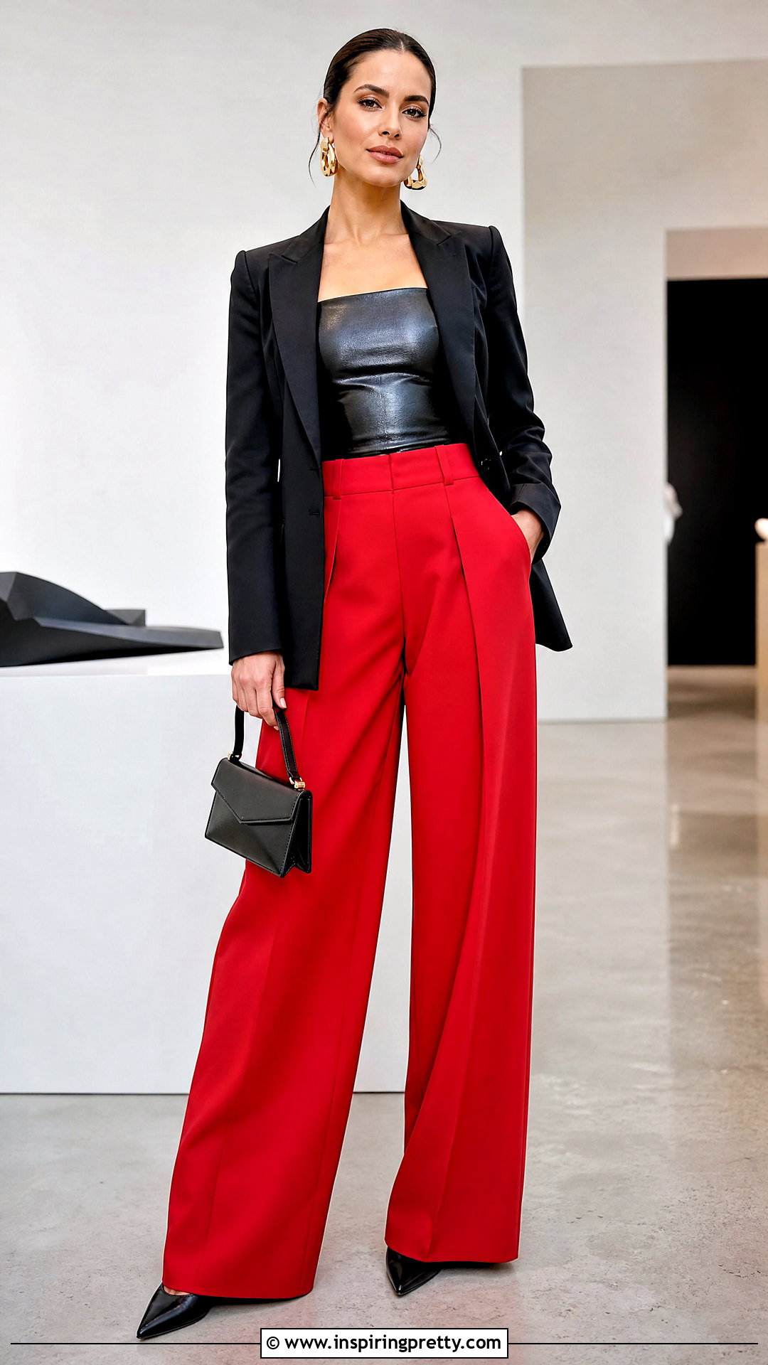 Black Leather Top With Red Wide Leg Pants - 50 black leather top outfit ideas