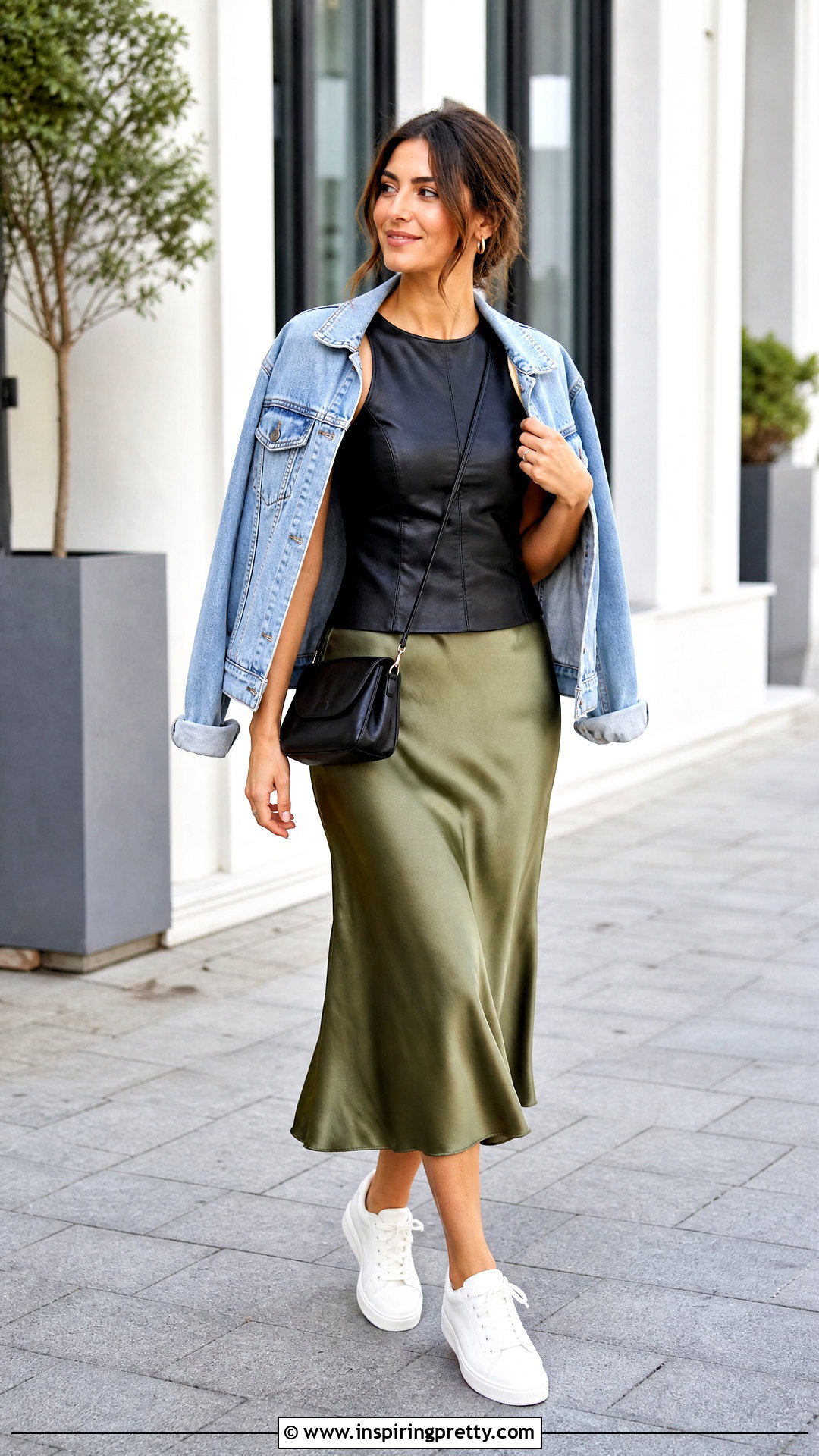 Black Leather Top With Slip Skirt And Sneakers - 50 black leather top outfit ideas