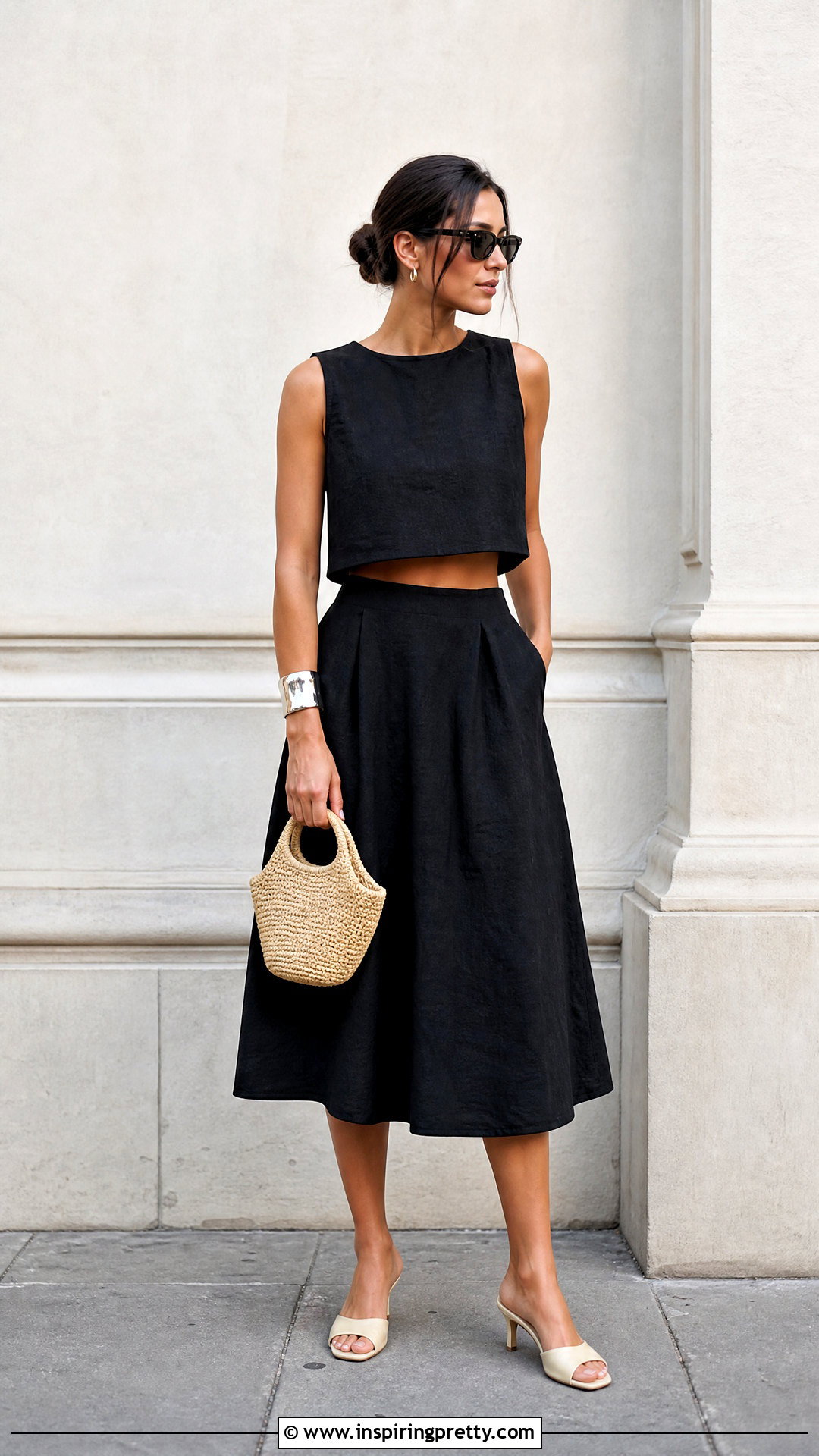 Black Linen Crop Top And Midi Skirt Set - 20 Linen Crop Top And Skirt Sets