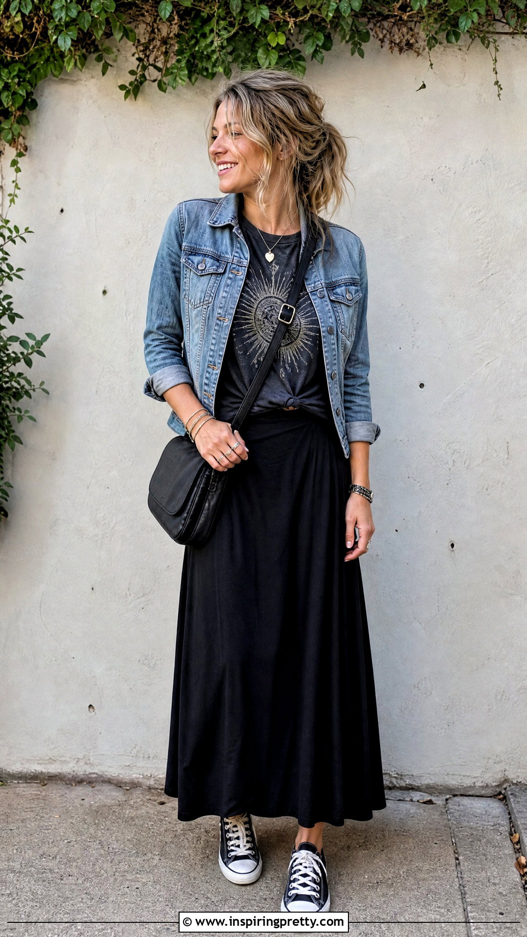 Black Long Skirt With Graphic T Shirt - 50 long skirt and top outfit ideas