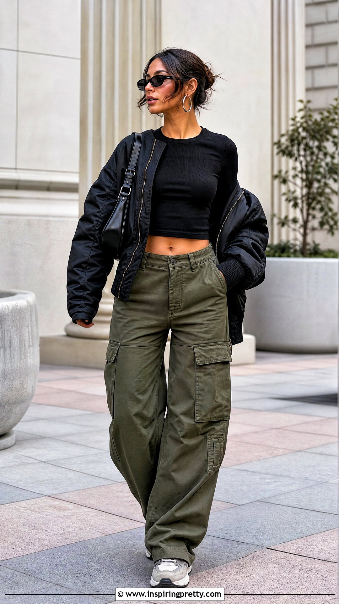 Black Long Sleeve Crop Top With Cargos - 50 black crop top outfit baddie ideas