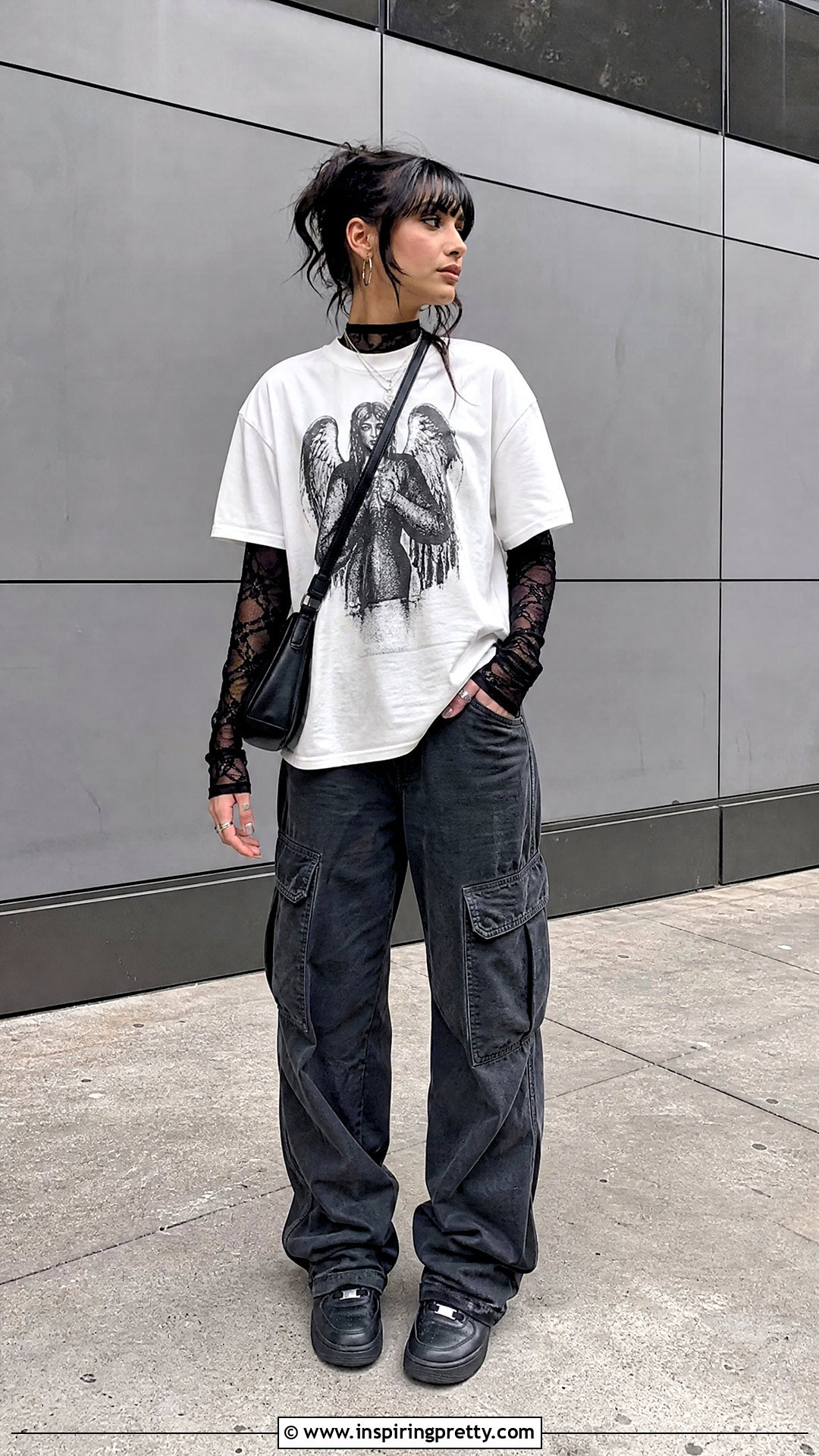 Black Long Sleeve Lace Top Under A Graphic T Shirt - 50 long sleeve lace top outfit ideas