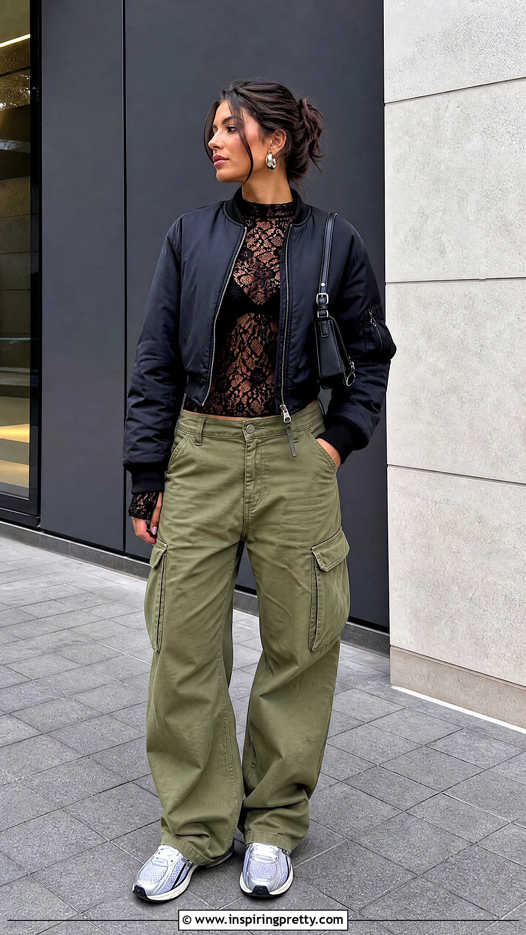 Black Long Sleeve Lace Top With Bomber Jacket And Cargo Pants - 50 long sleeve lace top outfit ideas