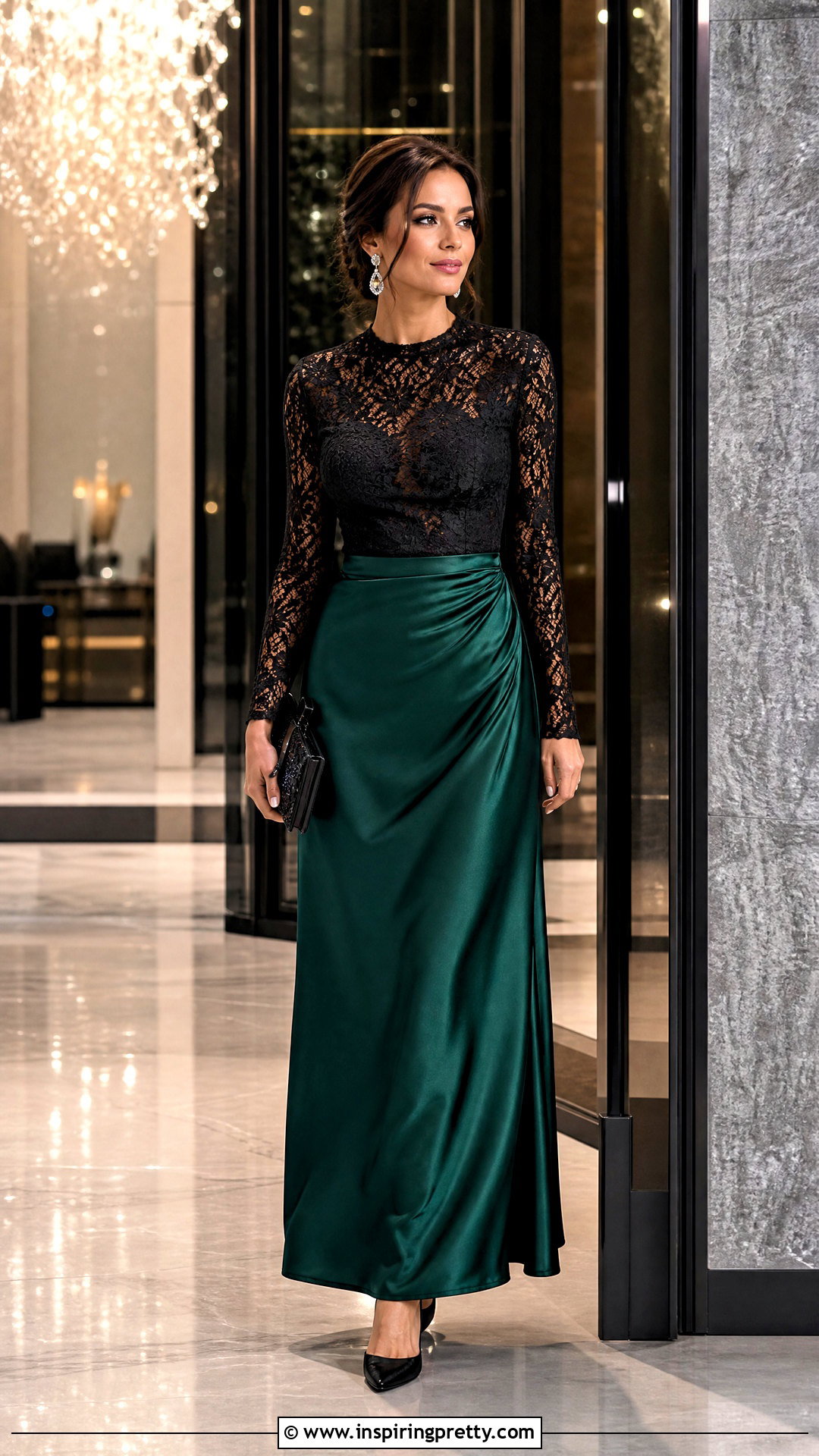 Black Long Sleeve Lace Top With Satin Maxi Skirt - 50 long sleeve lace top outfit ideas