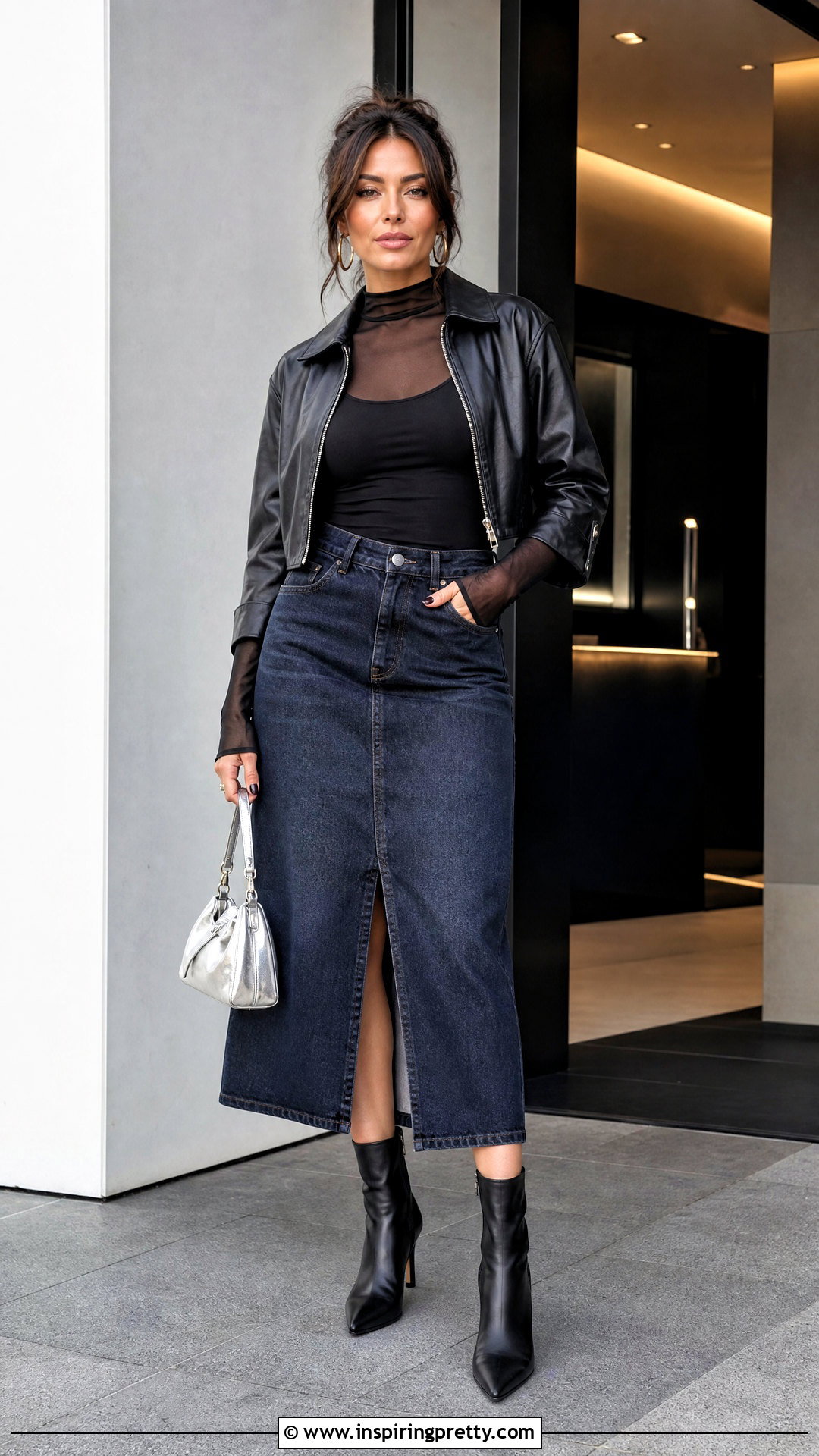 Black Long Sleeve Mesh Top With Denim Skirt - 50 black going out tops outfit ideas