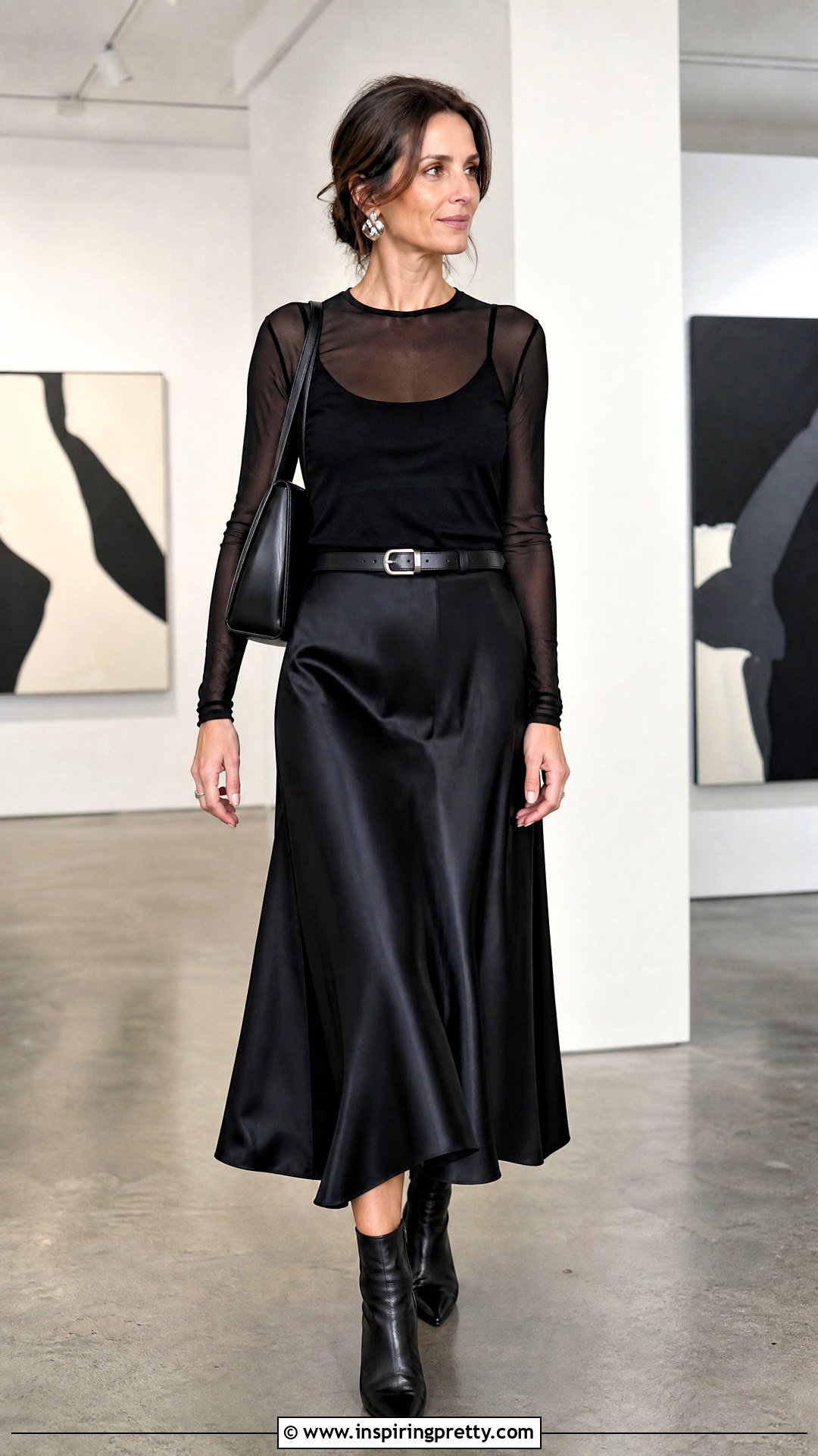 Black Long Sleeve Mesh Top With Midi Skirt - 20 Mesh Top Longsleeve Outfit ideas