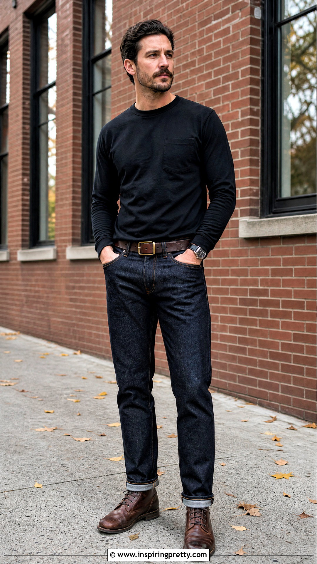 Black Long Sleeve T Shirt With Raw Denim And Boots - 25 Black Top With Jeans Men