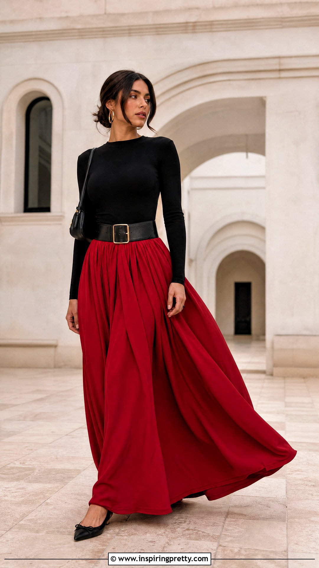 Black Long Sleeve Top Red Maxi Skirt Outfit - 20 black top red skirt outfits