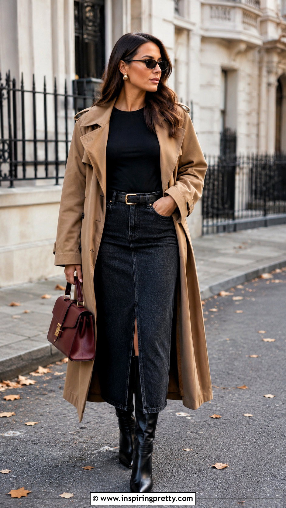 Black Long Sleeve Top With Dark Denim Midi Skirt And Knee High Boots - 20 Black Top With Denim Skirt And Accessories