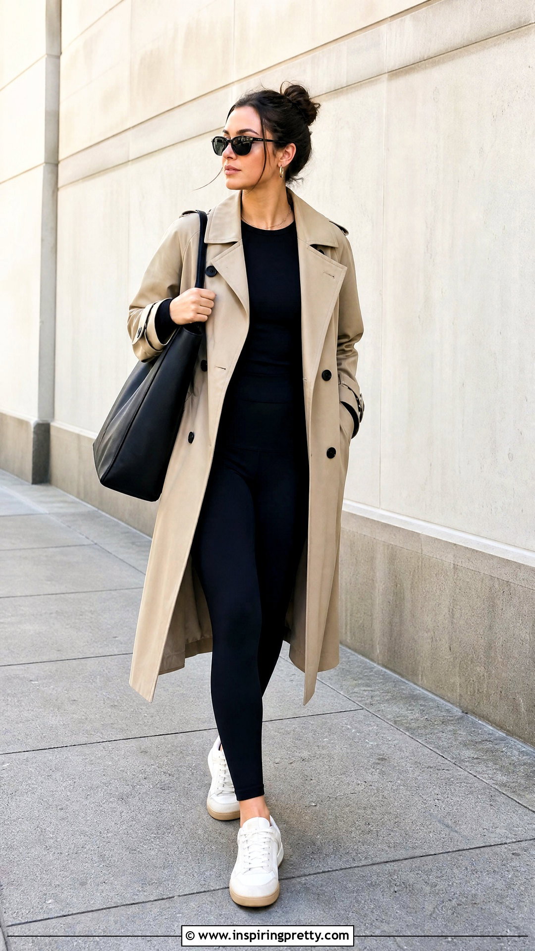 Black Long Sleeve Top With Leggings And Trench Coat - 50 black top outfit ideas