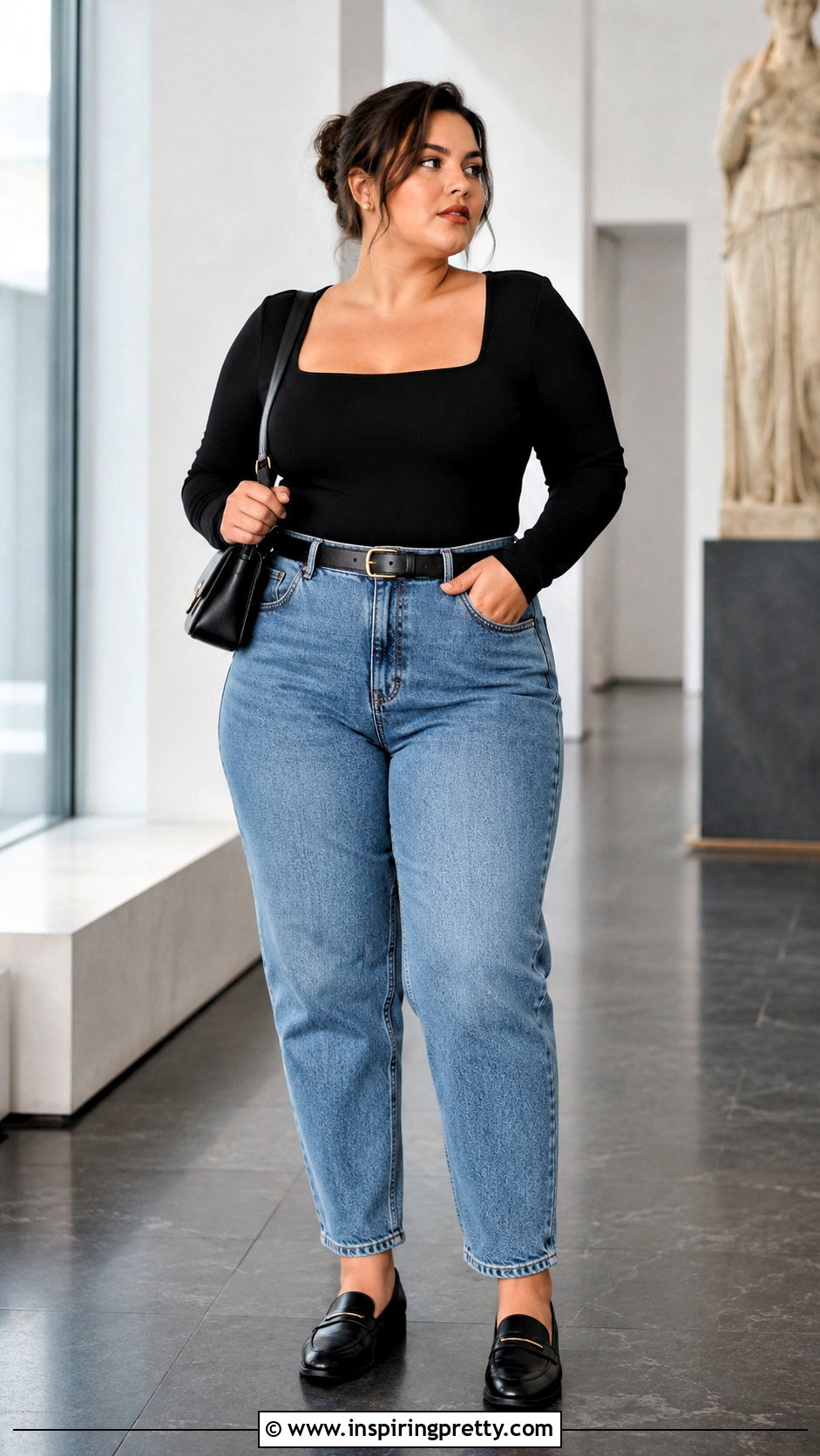 Black Long Sleeve Top With Mom Jeans And Loafers - 20 Casual Black Top With Jeans